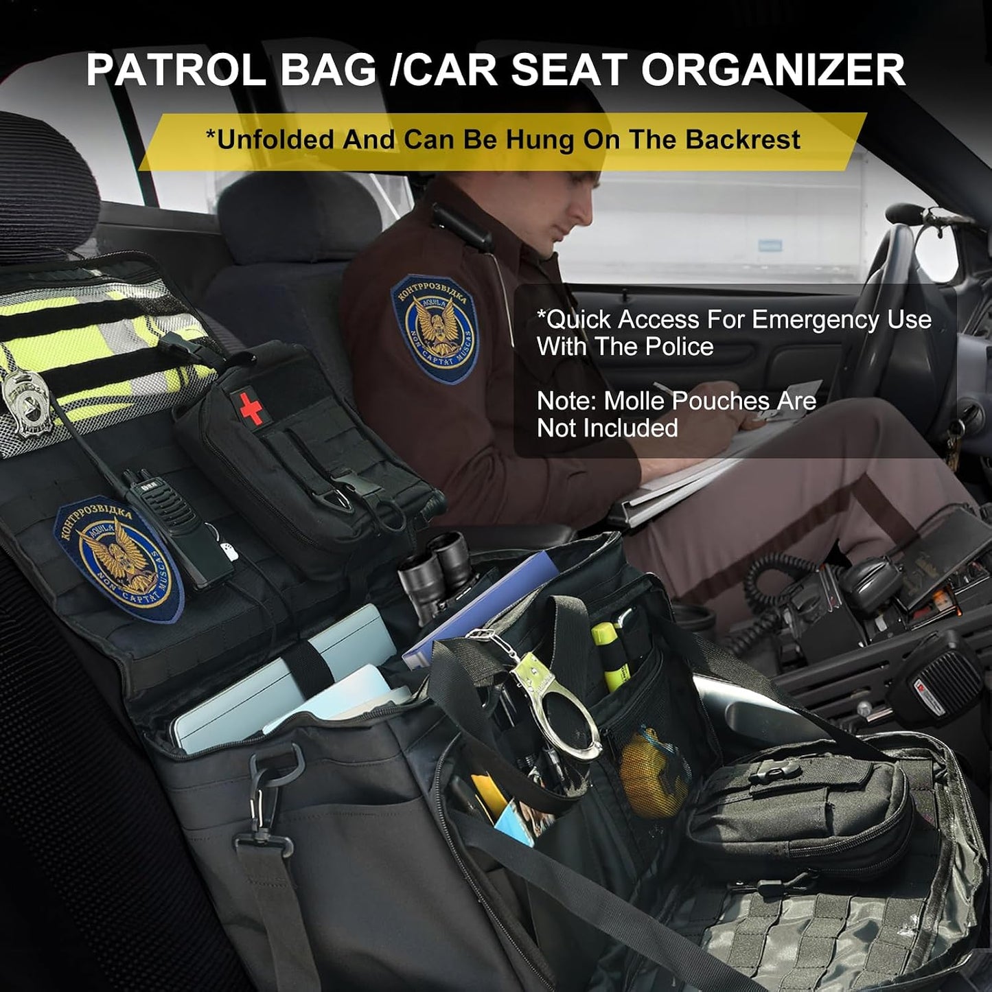 Patrol Bag Law Enforcement,Police Gear Bag with MOLLE System and Cup Holders,Hanging Car Front Seat Organizer,Multiple Compartment Tactical Officer Duty Bags,Police Car Accessories for Passenger Seat