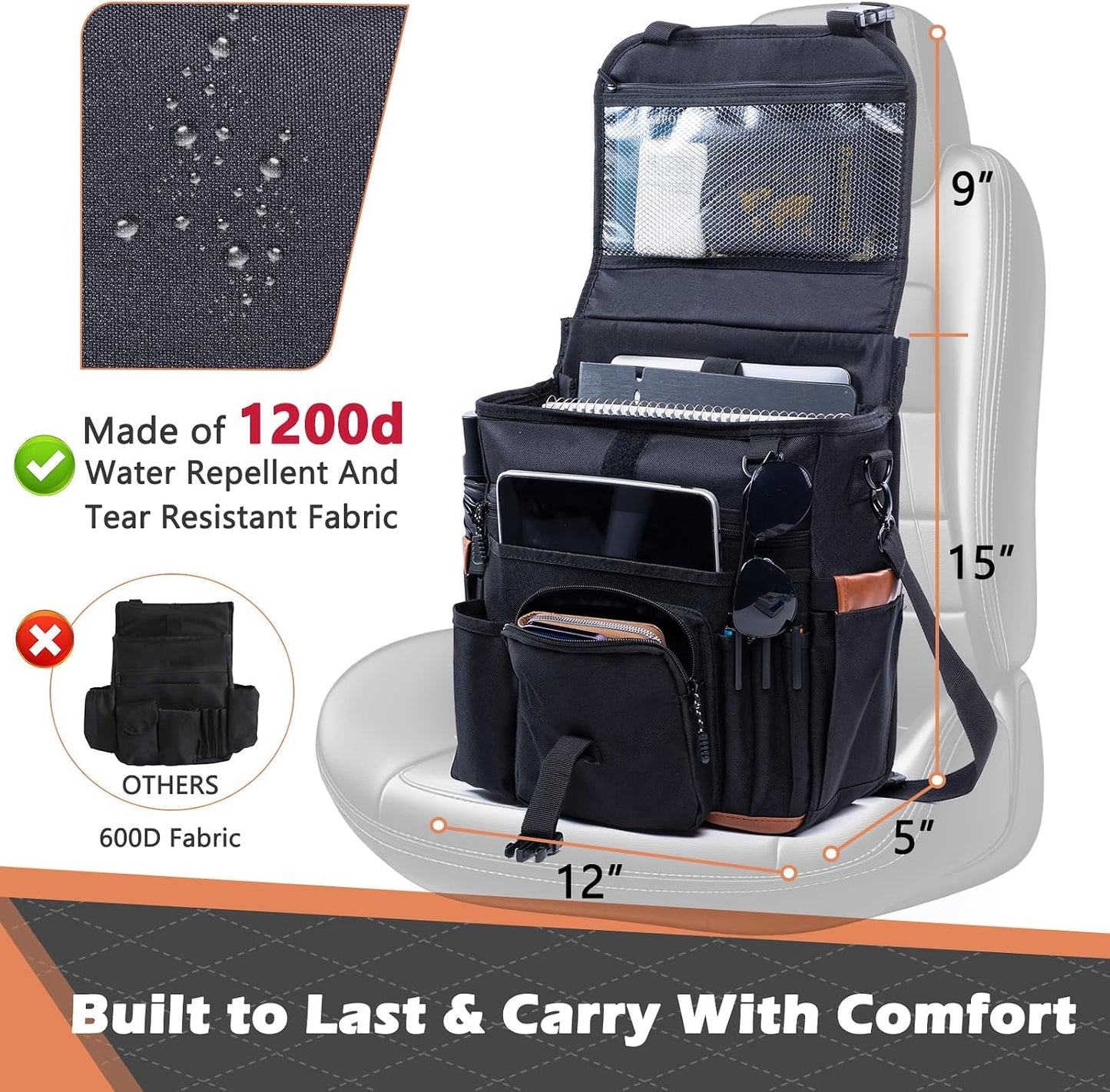 Car Seat Organizer with Lid and Laptop Compartment (Fits 15.6"), Front Seat Passenger Organizer with Adjustable Strap, Multiple Pockets, Portable Office Bag, Water-Resistant 1200D Polyester