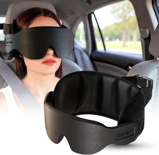 SARISUN Travel Pillow, Car Travel Pillow with 3D Eye Mask for Sleep, 360° Head Support Strap for All Car Seat, Road Trip Essentials, Stop Bobblehead, Black