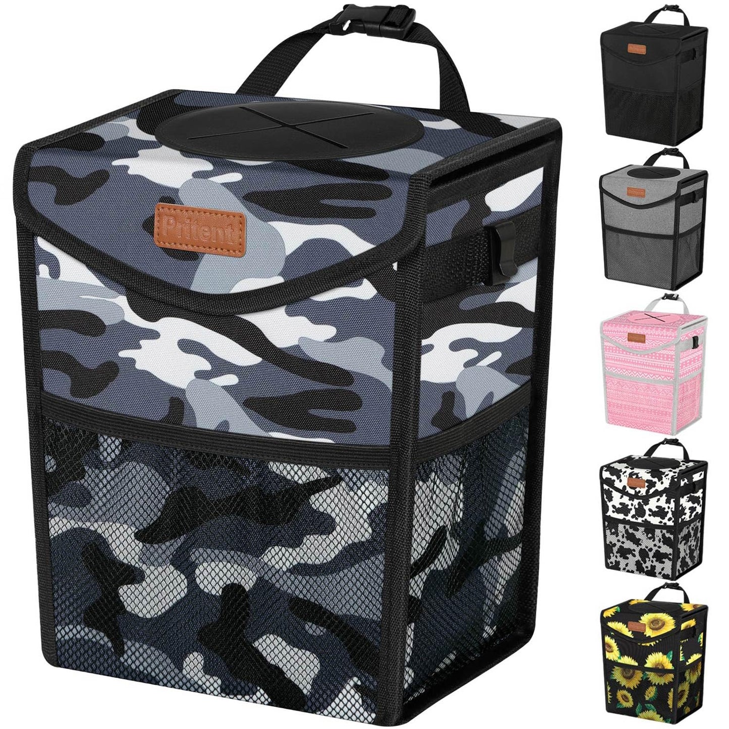 Pritent Car Trash Can with Lid, Cute Leakproof Car Trash Garbage Bag Hanging Vehicle Trash Bin Small Portable Automotive Garbage Cans Organizer for Back/Front Seat/Console(Trapezoid,Camo Grey)
