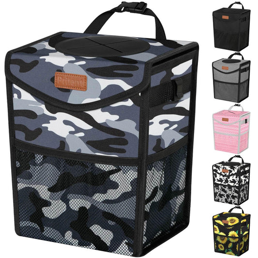 Pritent Car Trash Can with Lid, Cute Leakproof Car Trash Garbage Bag Hanging Vehicle Trash Bin Small Portable Automotive Garbage Cans Organizer for Back/Front Seat/Console(Trapezoid,Camo Grey)