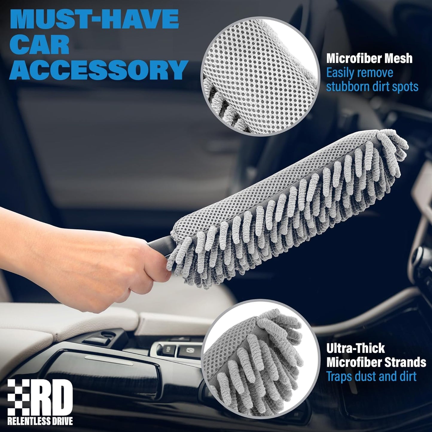 Relentless Drive Car Duster Interior 14" – Ultimate Dash Duster for Women & Men, Chenille Car Accessories Interior, Lint & Scratch-Free