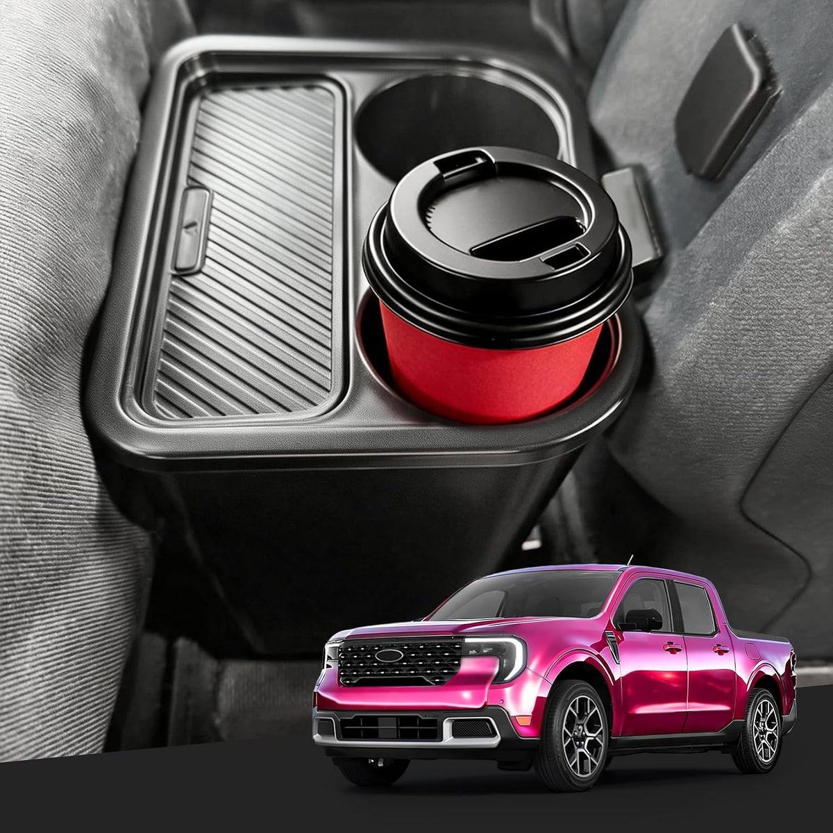 Upgraded Trash Can for Ford Maverick 2022-2026, Rear Seat Bin with Dual Cup Holder Compatible with Maverick Interior Accessories, Multi-Function Insert Expander Storage Box Organizer