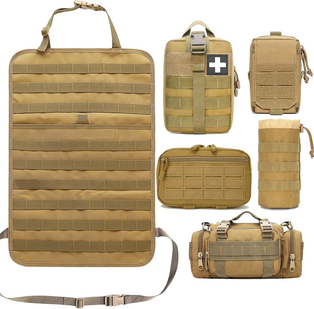 Tactical Car Seat Back Organizer Molle Backseat,Universal Molle Vehicle Organizers Panel Protector with 5 Detachable Pouches for Car Truck Jeep Vehicle (Khaki)