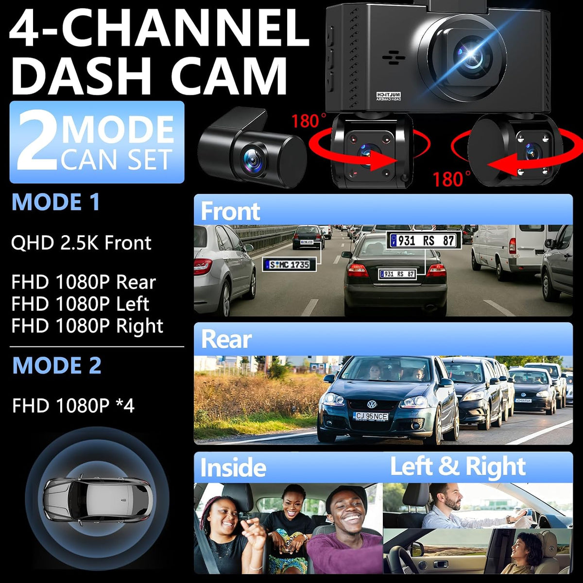 4 Channel Dash Cam Front and Rear Inside Left Right Car Dash Camera 360 View, 2.5K QHD Car Camera Supper Night Vision, 5G WiFi 3.16” IPS Touch Screen, G-Sensor,24H Parking Mode Free128G Card 256G Max