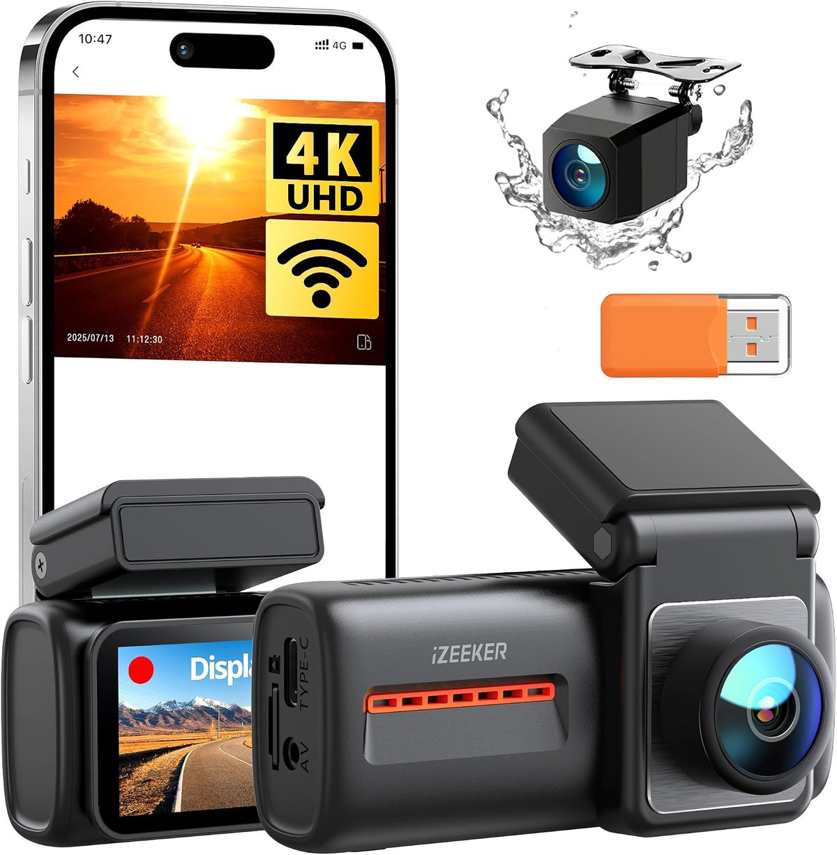 iZEEKER 4K Dash Cam Front and Rear, 4K+1080P Wireless Dash Camera for Cars