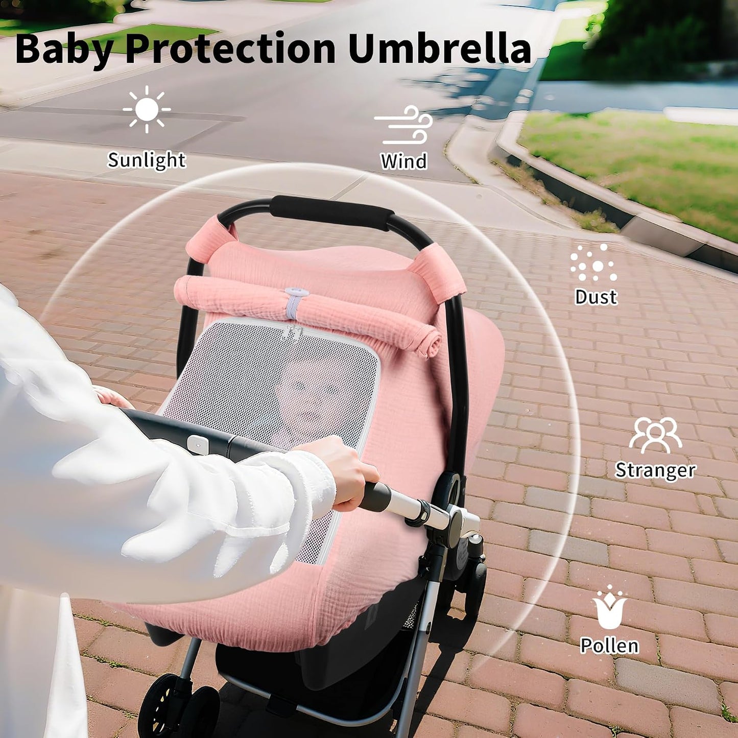 Rquite Car Seat Cover Baby, Carseat Covers Girl Boy, Breathable Muslin Cotton, Large Mesh Window, Infant Car Seat Canopy Baby Carrier Cover Stroller Sun Shade for Summer & Hot Day, Pink