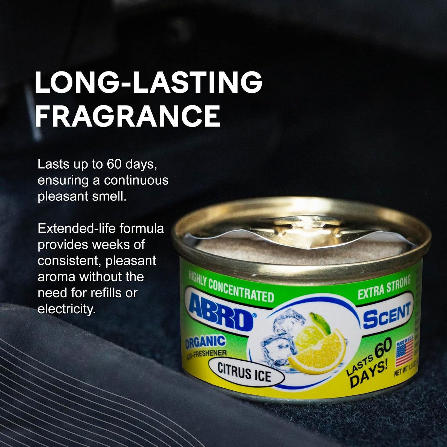 ABRO Car Air Fresheners: Canned, Spill Proof Airfreshener for Home, Office, or Car Accessories Interior, Lasts Up to 60 Days - 3 Pack Citrus Scent