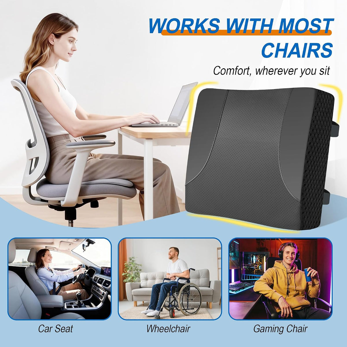 Allaboutsla Lumbar Support Pillow for Car, Car Seat Back Support | Memory Foam Car Lumbar Pillow, Back Support for Pain Relief, Dual Adjustable Straps, Back Cushion for Car Office Chair, Black