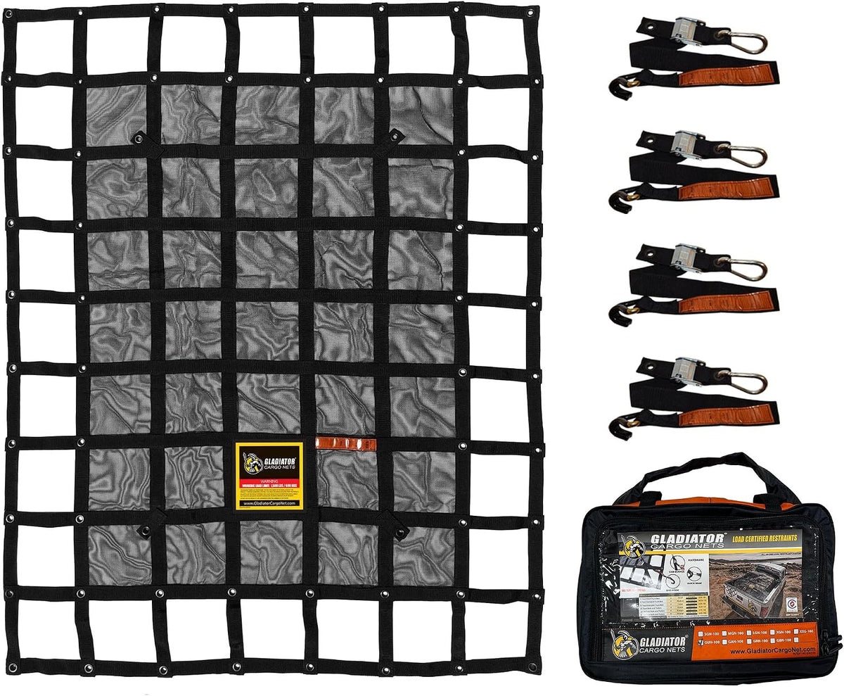 GLADIATOR CARGO NETS - Heavy Duty Cargo Net-(WLL): 1,500 lbs - TruckAccessory - Cargo Carrier - Truck Organizer -Truck Bed Cover-Trailer-Pickup-Boat-Jeep-SUV-5ft Bed (SGN-100) 4.75' x 6' ft.