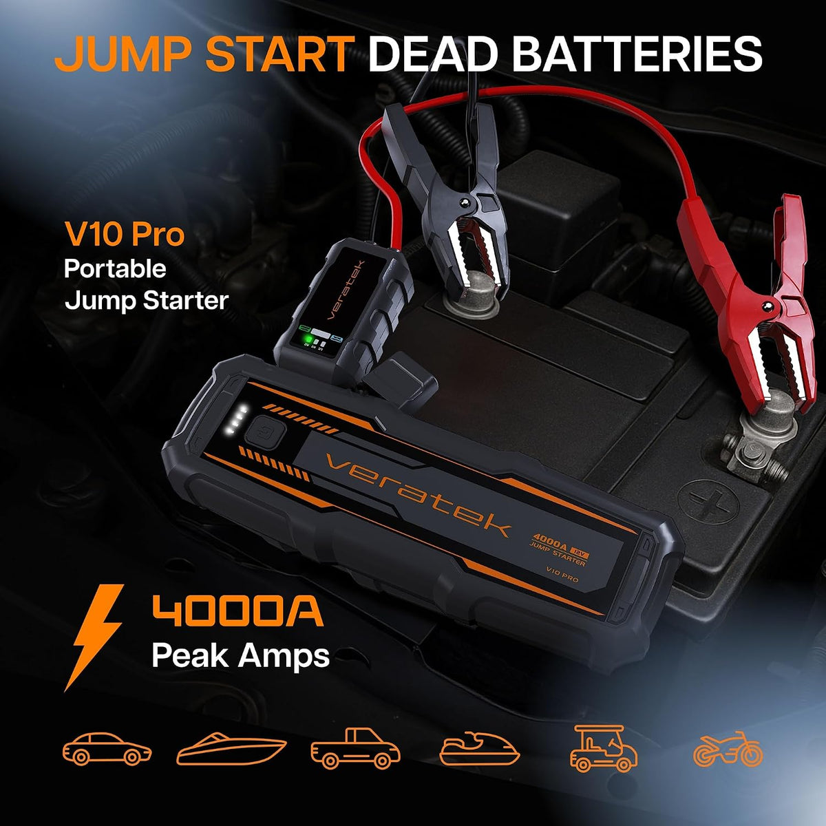 ReelCharge - Veratek V10 Pro 4000A Car Battery Jump Starter Portable (10.0L Gas & 8.0L Diesel) – 12V Lithium Battery Booster Pack with SmartCharge Safety, Jumper Cables, 24000mAh Power Bank, Jump Box