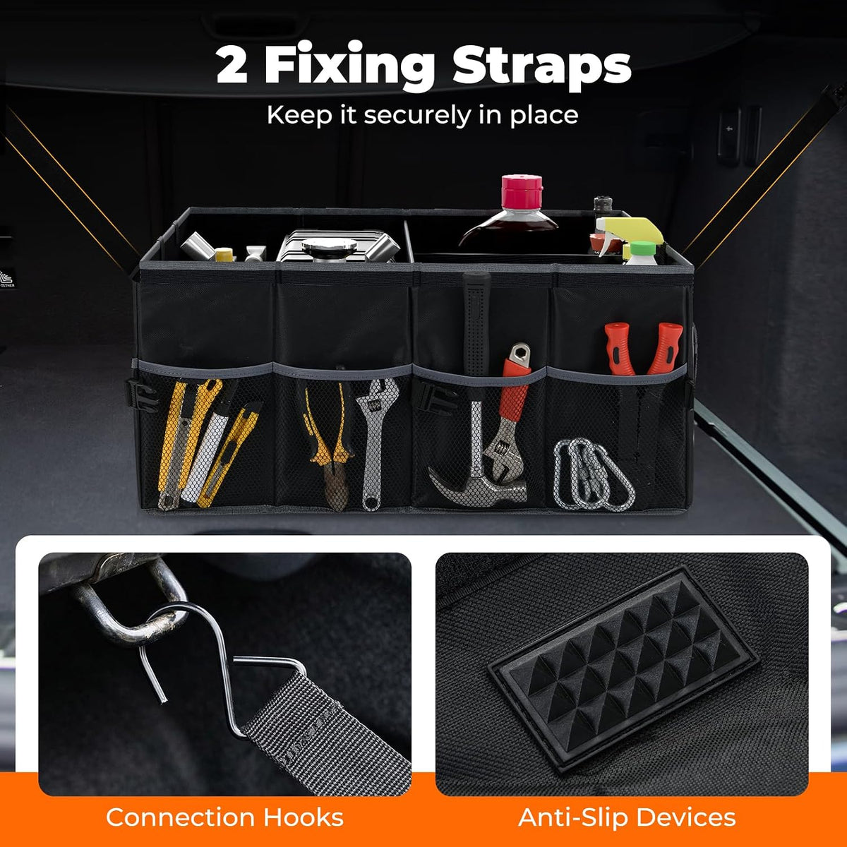 Goplus Collapsible Trunk Organizer, 13 Gallon Foldable Car Storage Organizer with Extenable Compartments, Pockets, Securing Straps, for SUV Van Sedan Truck, 22" x 16" x 10"
