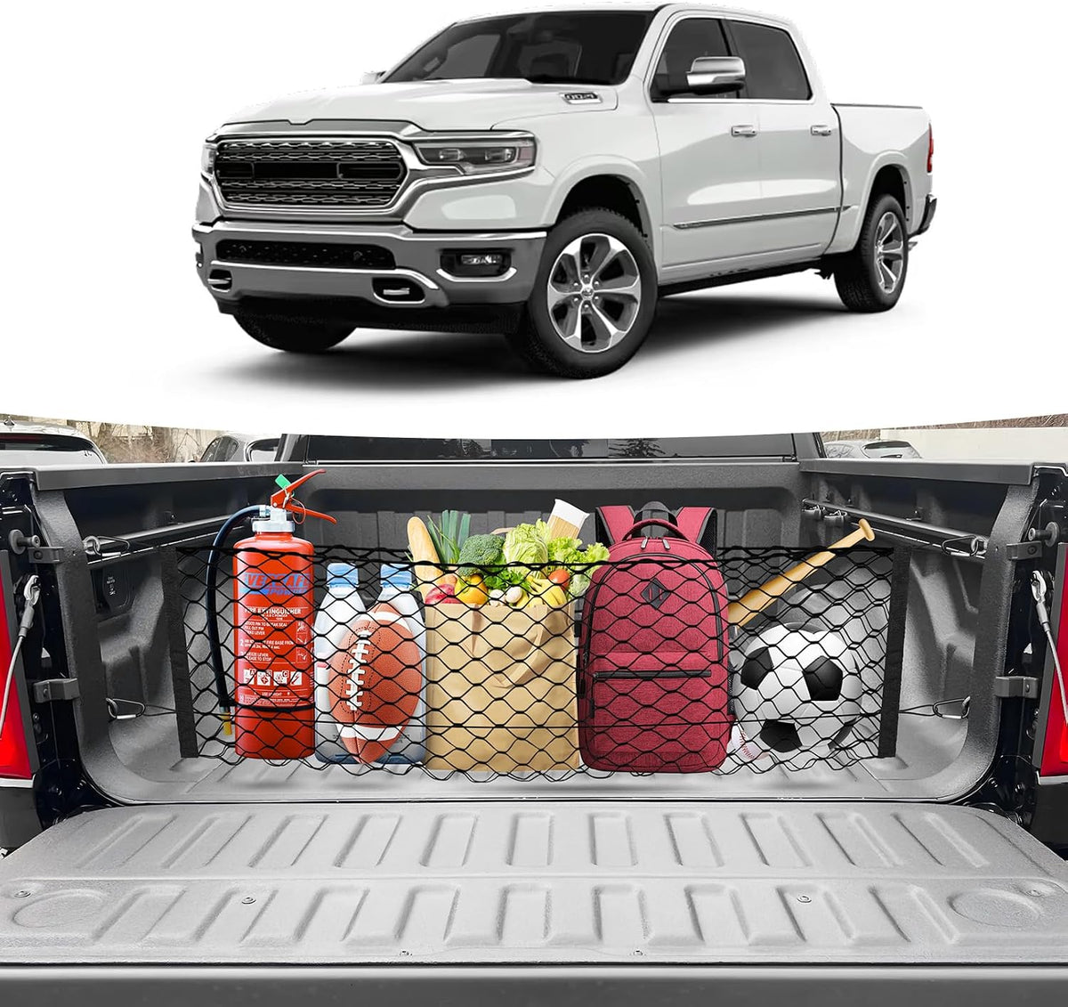 Canvcle Truck Bed Cargo Net for 2019-2025 2026 Dodge Ram 1500 Accessories Envelope Style Mesh Trunk Net Organizer and Storage Stretchable Adjustable Elastic Nylon Rear Cargo Netting with Hooks