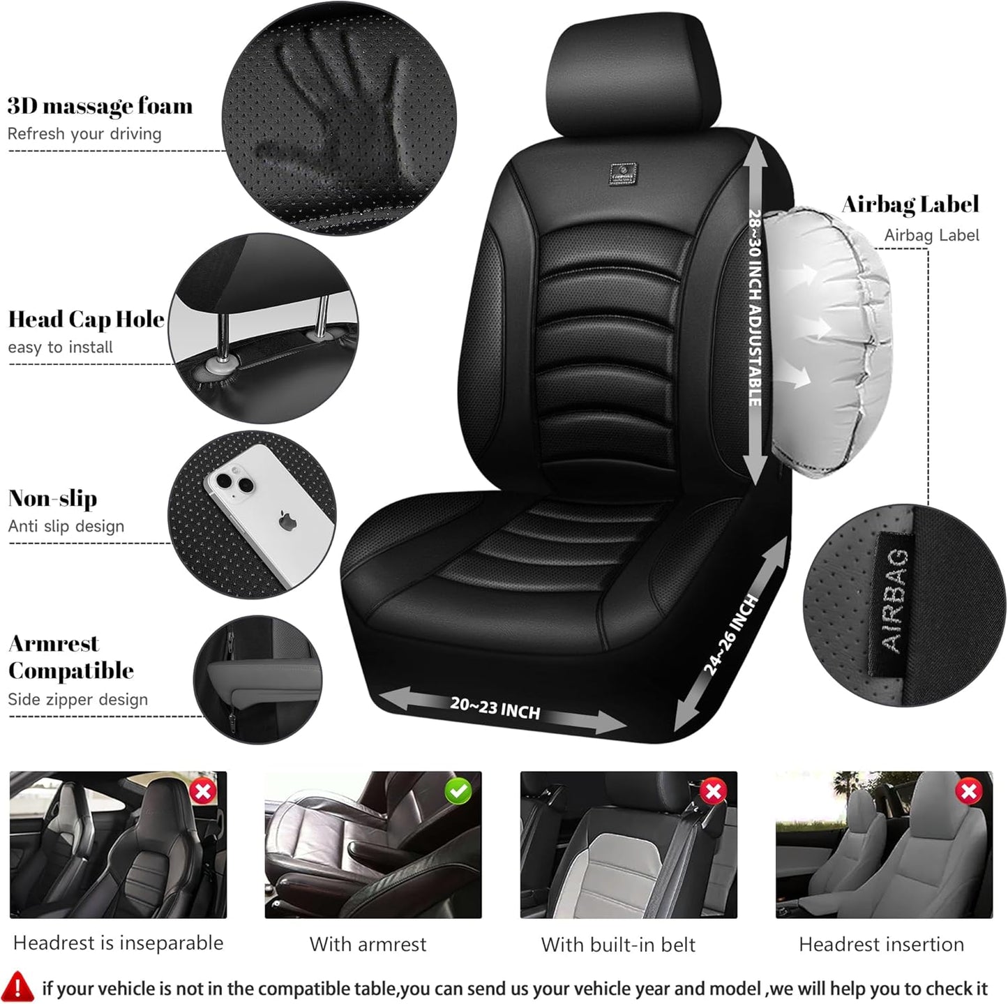 CAR PASS 3D Foam PU Leather Car Seat Covers, Universal Seat Covers Full Sets for Trucks SUV Sedan Automotive Seat Covers Armrest Airbag Compatible Waterproof Comfortable Faux Nappa Leather Pure Black