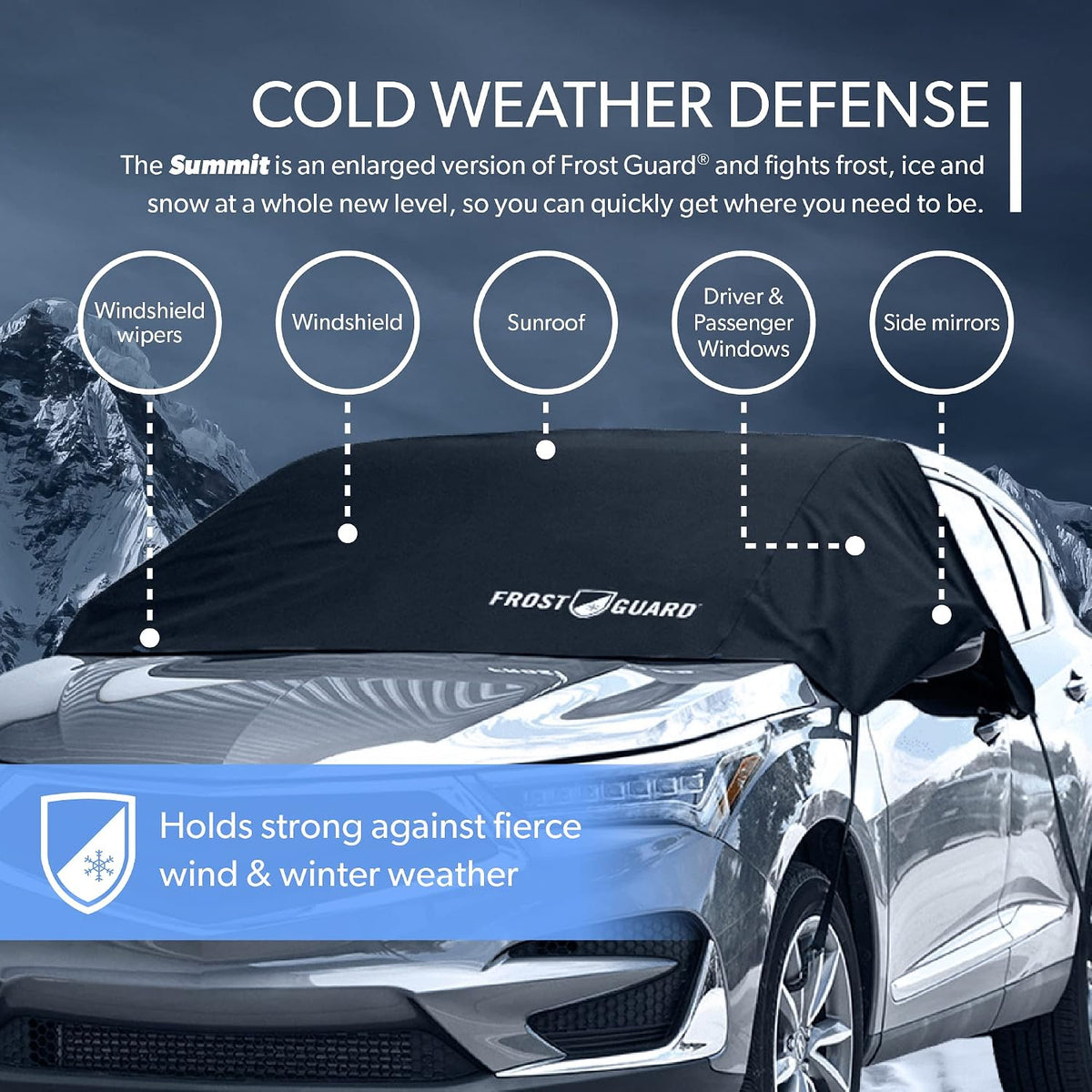 FrostGuard Summit | Full-Coverage Car Windshield Cover for Ice and Snow and Frost - Covers Sunroof, Front Windshield, Front Side Windows and Side-View Mirrors - Universal Fit for Most Vehicles - Black