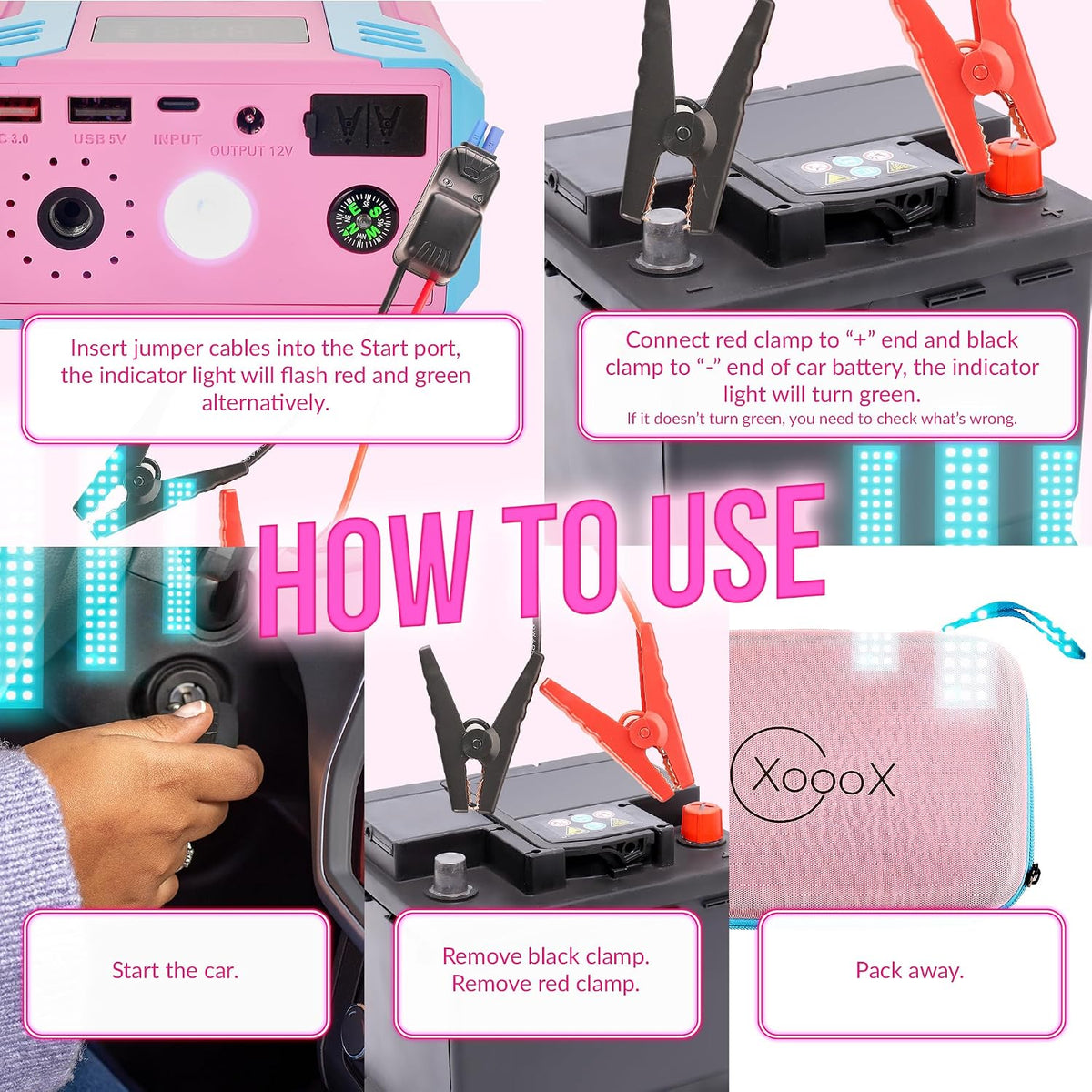 XoooX A17 Portable Car Jump Starter Kit with Built-in Tire Pump; Jumper Cables with 12V Jump Start Battery Pack; Portable Battery Charger for USB/USB-C Devices; LED Light and Hard Case