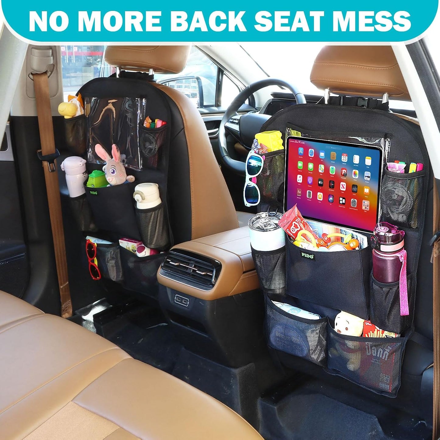 PIDO Backseat Car Organizer, 2 Pack Car Seat Organizer for Kids with Touch Screen Tablet Holder and 8 Pockets, Automotive Seat Back Kick Mat Made with Heavy Duty Fabric, Road Trip Essentials, Black
