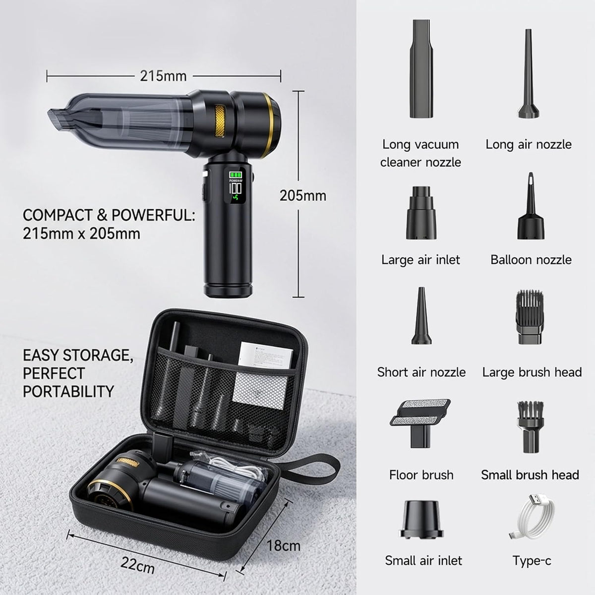 Handheld Car Vacuum Cleaner, 17000Pa High Power Cordless Vacuum Cleaner, 4-in-1 Portable Mini Air Duster, with LED Light and Multi-Nozzles, Vacuum for Car, Home, Office, Pet Hair