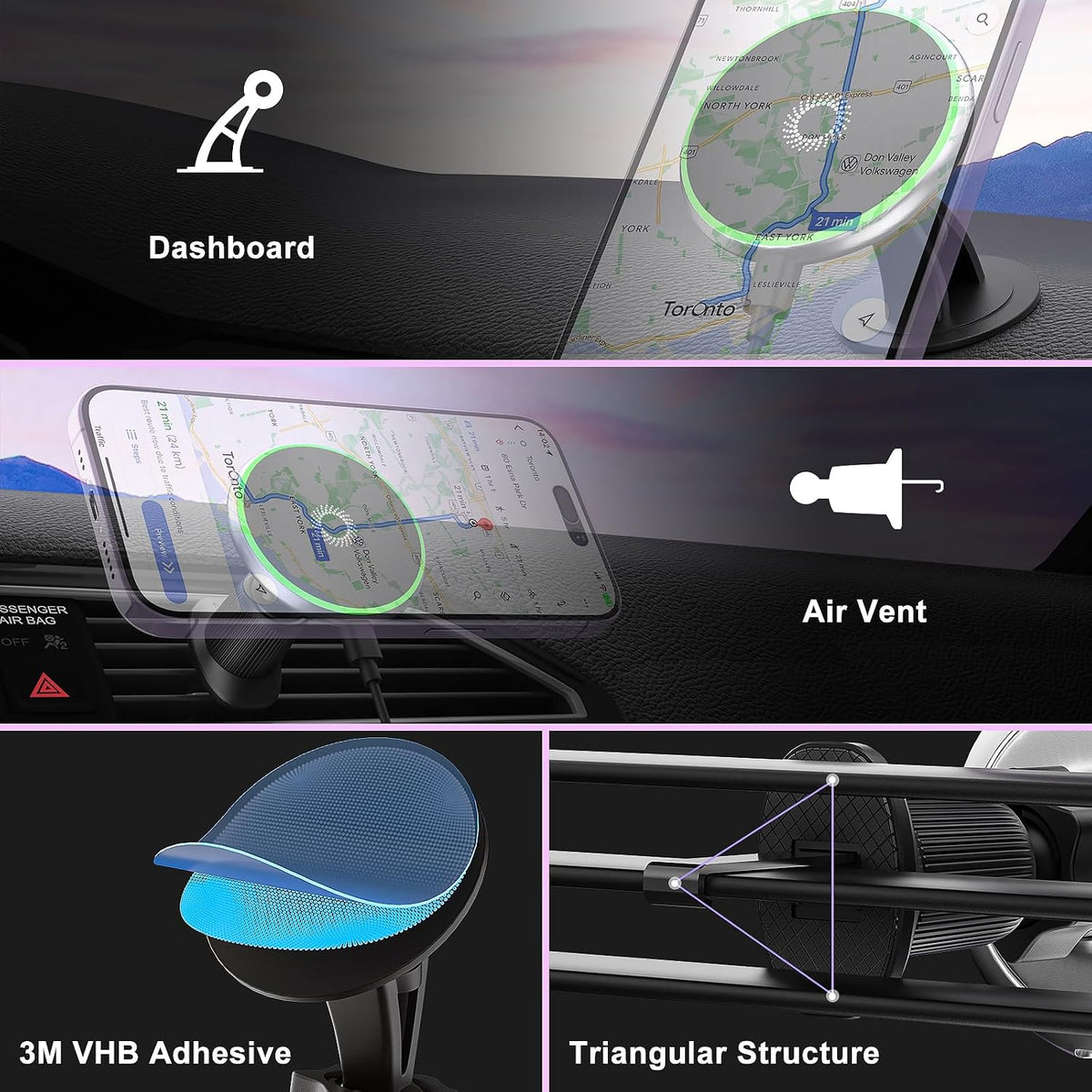 15W for Magsafe Car Mount Charger, Wireless Car Charger Magnetic Air Vent/Dashboard Fast Charging Phone Holder for iPhone 17 16 15 14 13 12 Serie Samsung