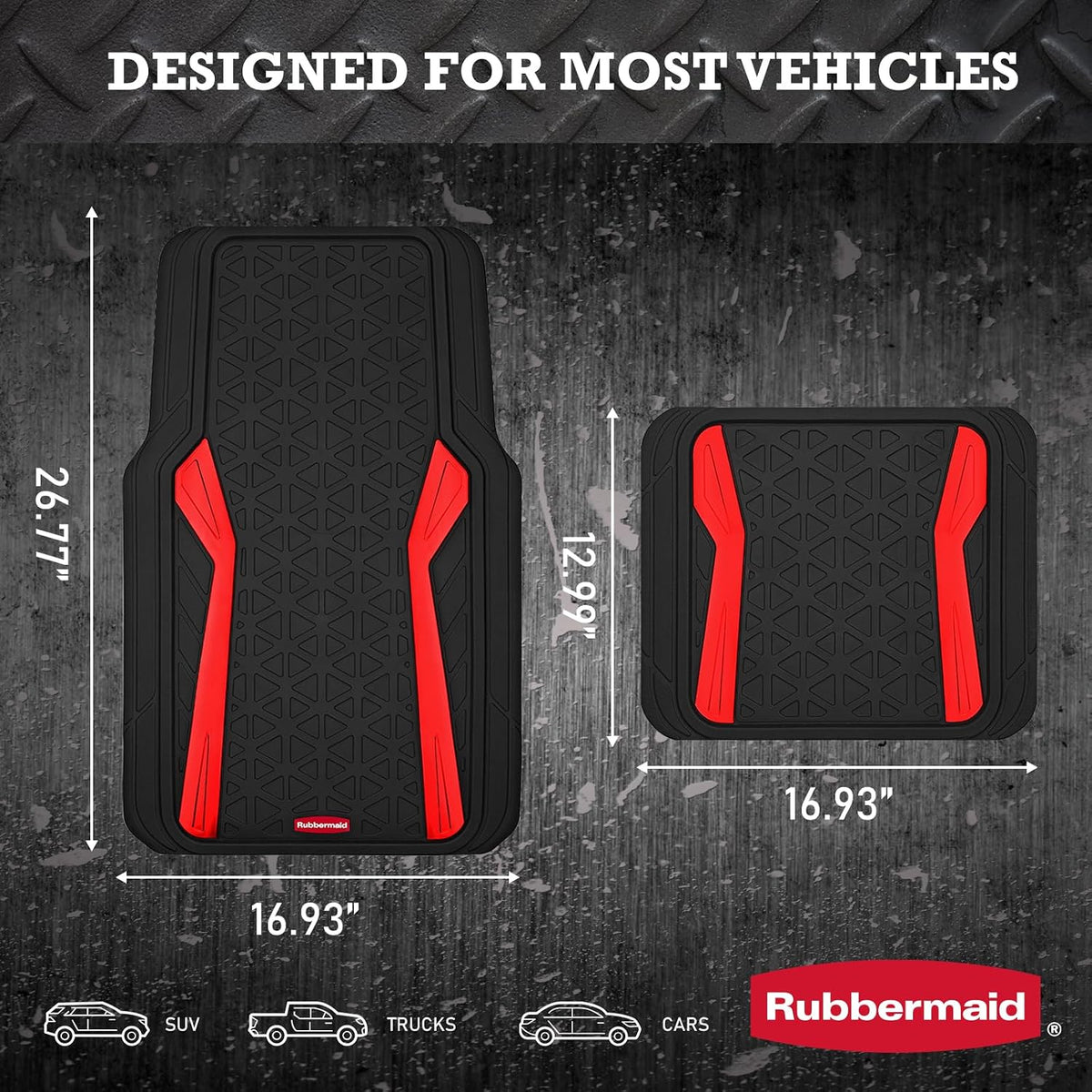 Rubbermaid Car Floor Mats Full Set,Premium Heavy Duty All-Weather Car Mats– Rugged Rubber with Brushed Aluminum Inserts, Universal Trim-to-Fit, Anti-Slip Backing for Cars, SUVs, Trucks & Vans - Red
