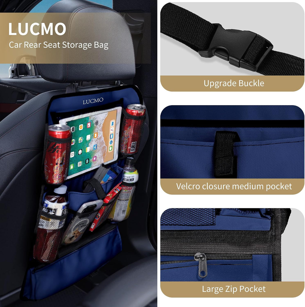 LUCMO Car Backseat Organizer with Touch Screen Tablet Holder,Dark Blue | 2 Pcs,9 Storage Pockets,Clear Tablet Holder,Protectors Kick Mats,Travel Accessories,Seat Cover,Road Trip Essentials