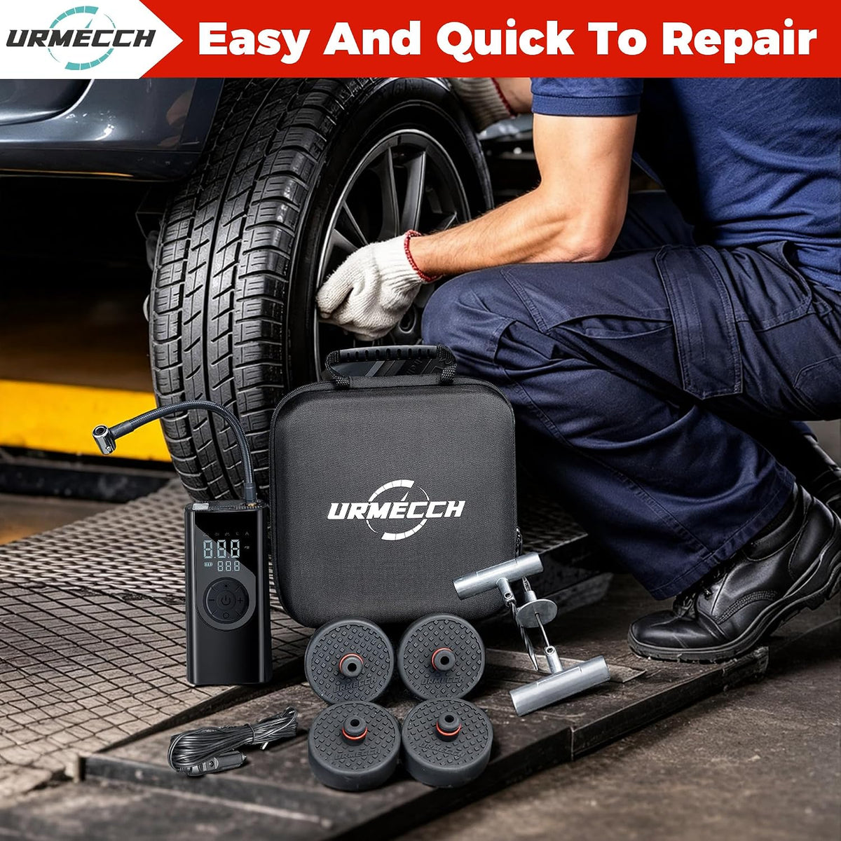for Tesla Model Y/3/S/X Jack Pads with Flat Tire Repair Kit & Portable Air Compressor, Emergency Roadside Puncture Plug Set Car Fast Repair & Inflation - Heavy Duty Tools with Storage Case