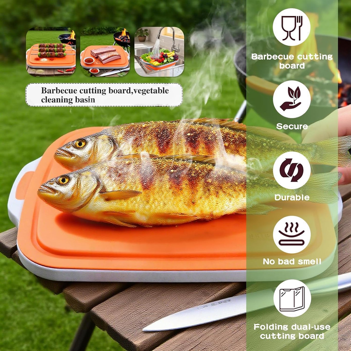 Collapsible BBQ Prep Tub with Lid & Cutting Board 16L - XL Meat Marinating Basin & Grill Carry System - 5pc Set with Heat Resistant Gloves, Basting Brush & Spatula(Orange, Large, 16L)