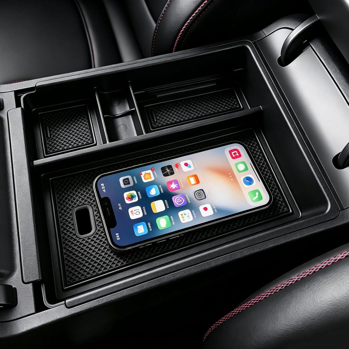 Autorder Center Console Organizer for 2022-2026 Hyundai Santa Cruz Accessories Car Armrest Storage Box Middle Console Tray Container with Black & Red Non-Slip Silicone Mats
