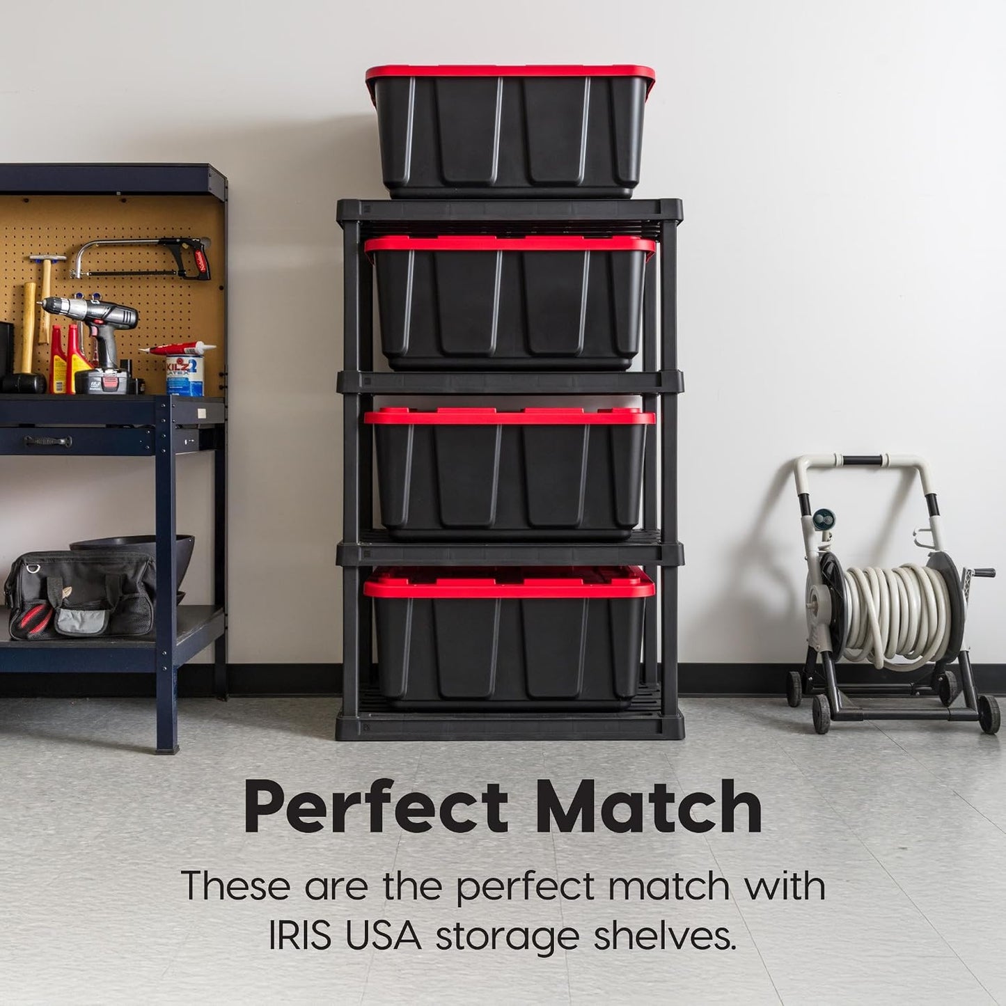 IRIS USA 4-Pack 27 Gallon Storage Bins with Lids |Made in USA| Heavy Duty Plastic Tote Containers for Truckbed Tool Box Organization, Large - Red