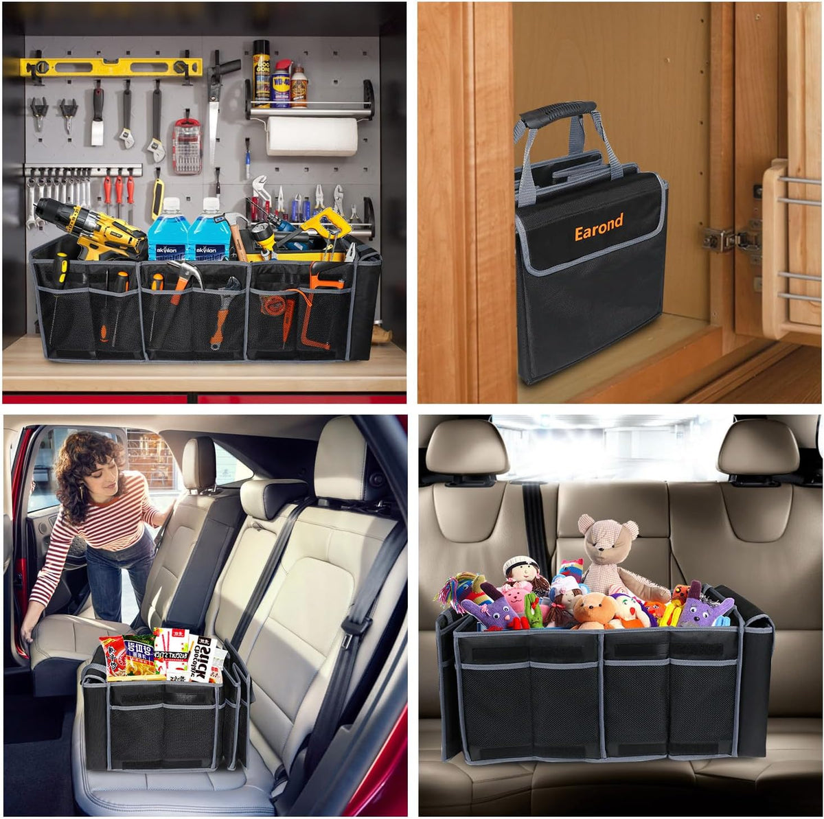 Car Trunk Organizer with Lid,Collapsible Car Storage Organizer with Multi Compartments and Securing Straps for SUV,Sedan,Jeep-Black & Grey