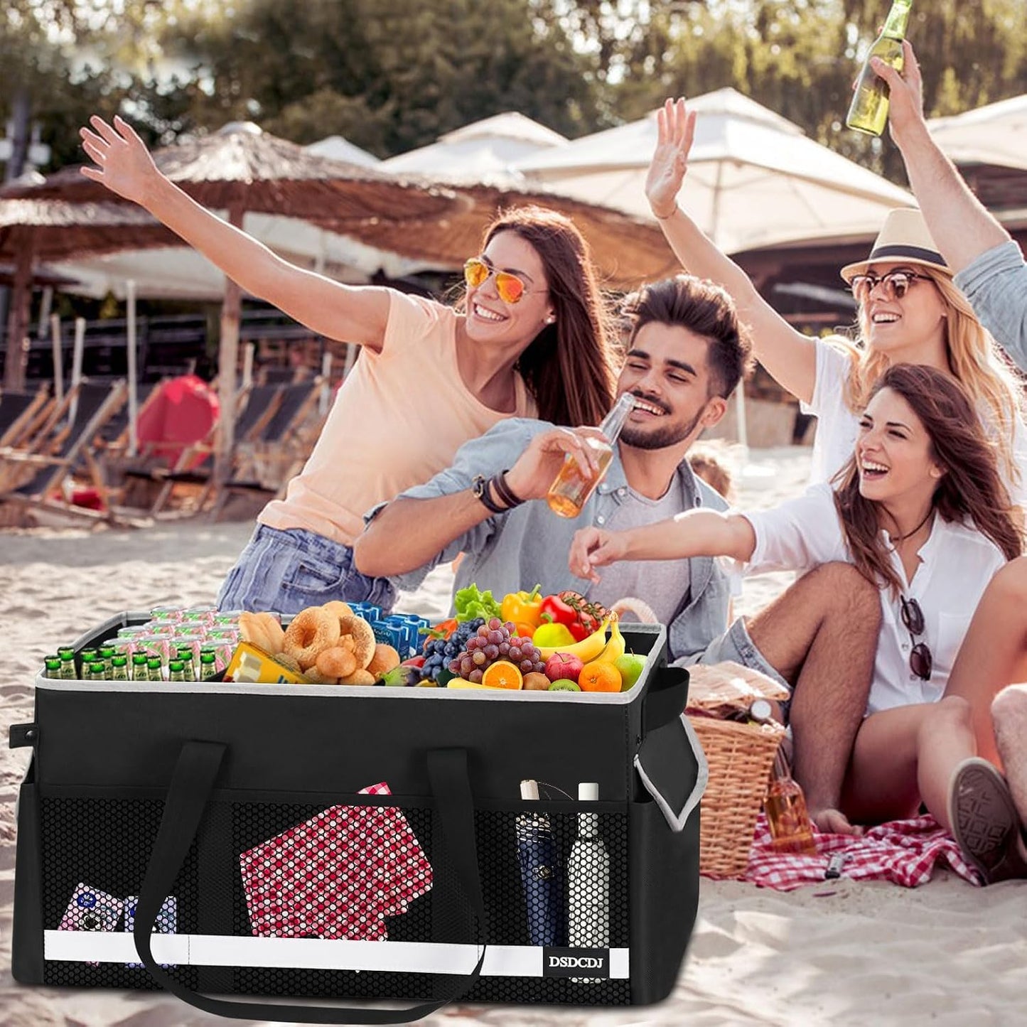 Upgrade Extra Large Utility Tote Bag with Reflective Strip, Standing Reusable Grocery Bags with Hard Bottom & 4 Sided Reinforced, Collapsible Utility Tote with Handles for Shopping, Beach, Car | Upgrade