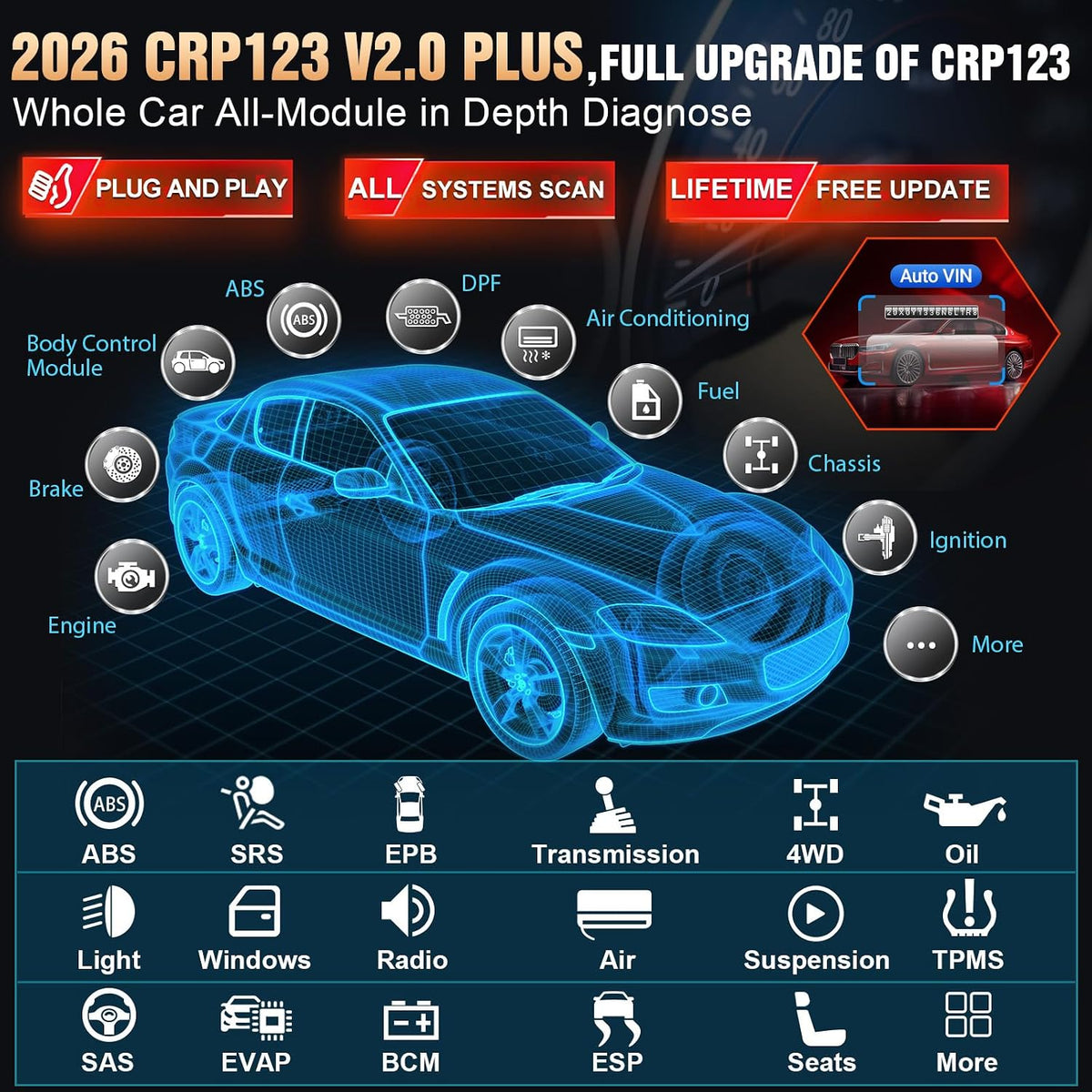 LAUNCH CRP123 V2.0 Plus OBD2 Scanner, All System Scan Tool with 3 Reset
