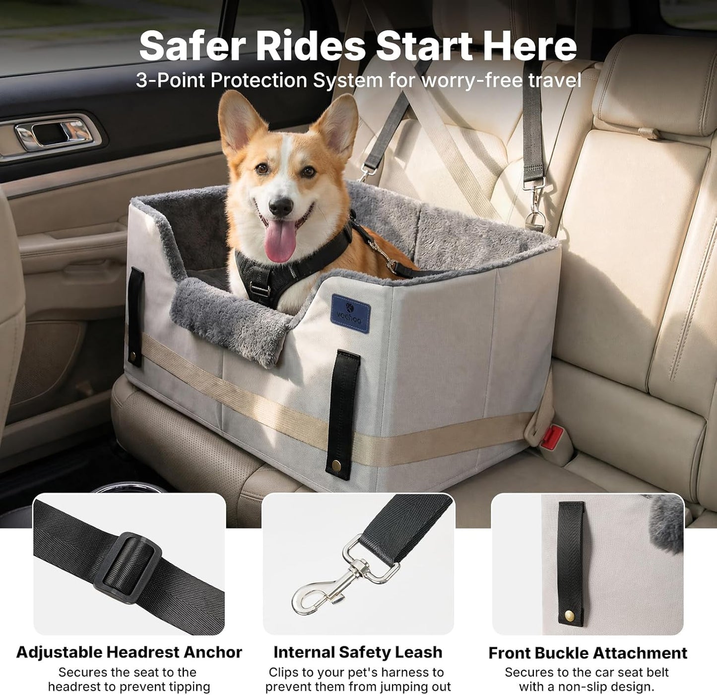 Veehoo 2-in-1 Dog Booster Car Seat & Pet Bed for Small Medium Dogs up to 50lbs, Foldable Travel Car Seat with Safety Leash, Non-Slip Removable Washable Cover