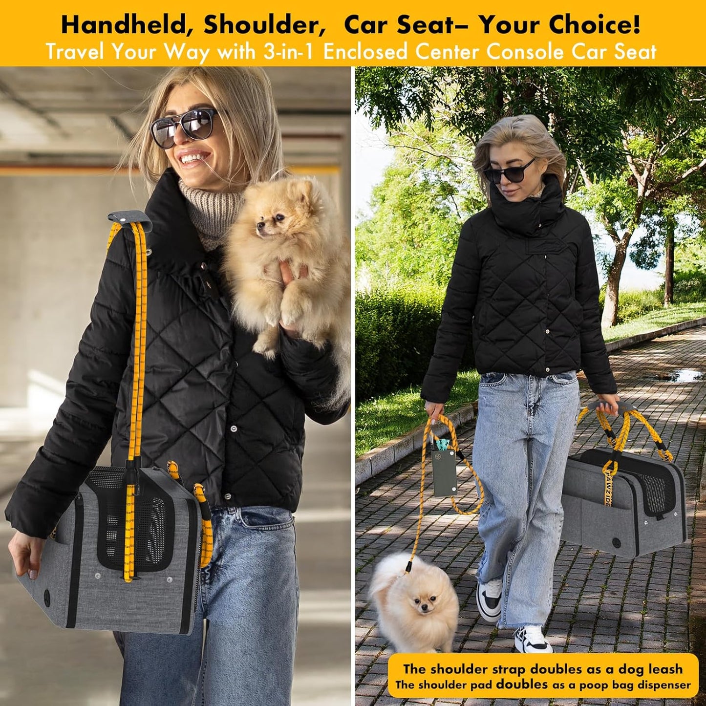 PAWZIDEA Center Console Dog Car Seat, Enclosed Small Dog Armrest Booster Carseat, Secure Straps &Anti Slip, Portable TSA Approved Puppy Pet Carrier Soft-Sided, Removable Pillow Storage Pocket, up 12lb