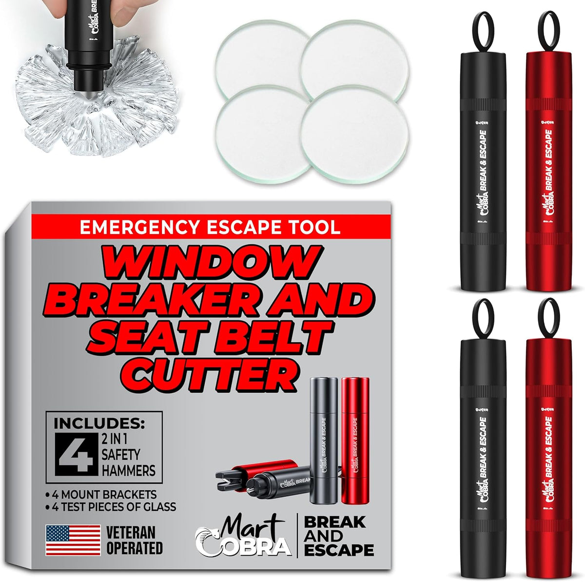 Car Window Breaker Seatbelt Cutter [4 Pack] – Emergency Glass Breaker Tool for Car – 2-in-1 Safety Hammer Life Hammer – Car Essentials, Car Must Haves, Auto Escape Keychain, Emergency Break & Escape
