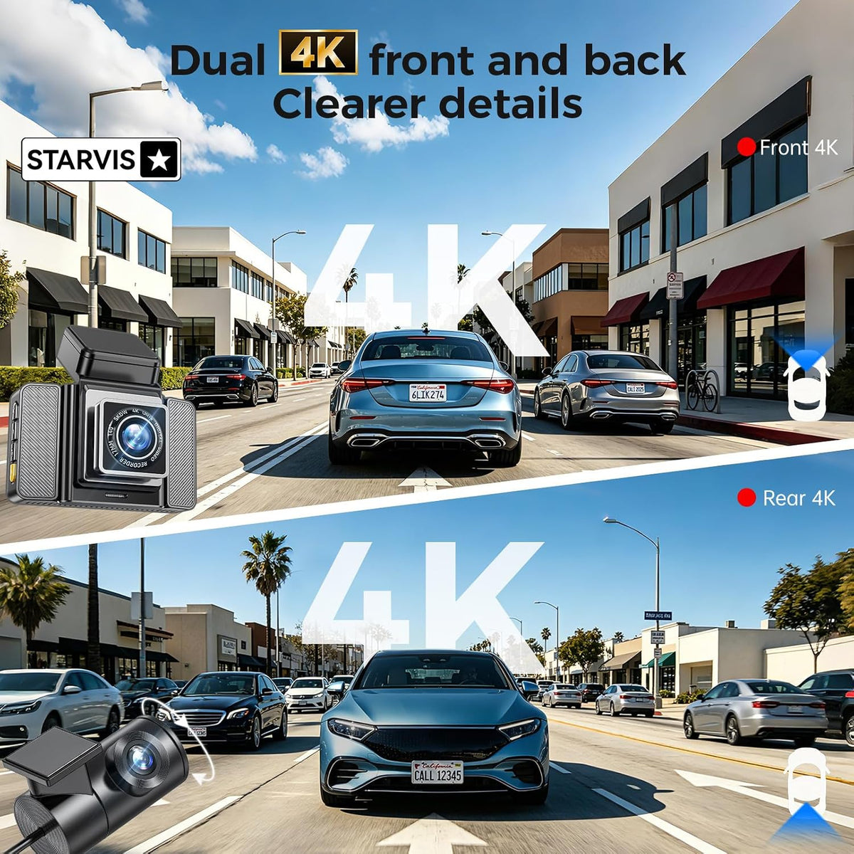 4K+4K Front‑Rear Dash Cam, 3.6" IPS Touch Screen, Sony STARVIS Image Sensor