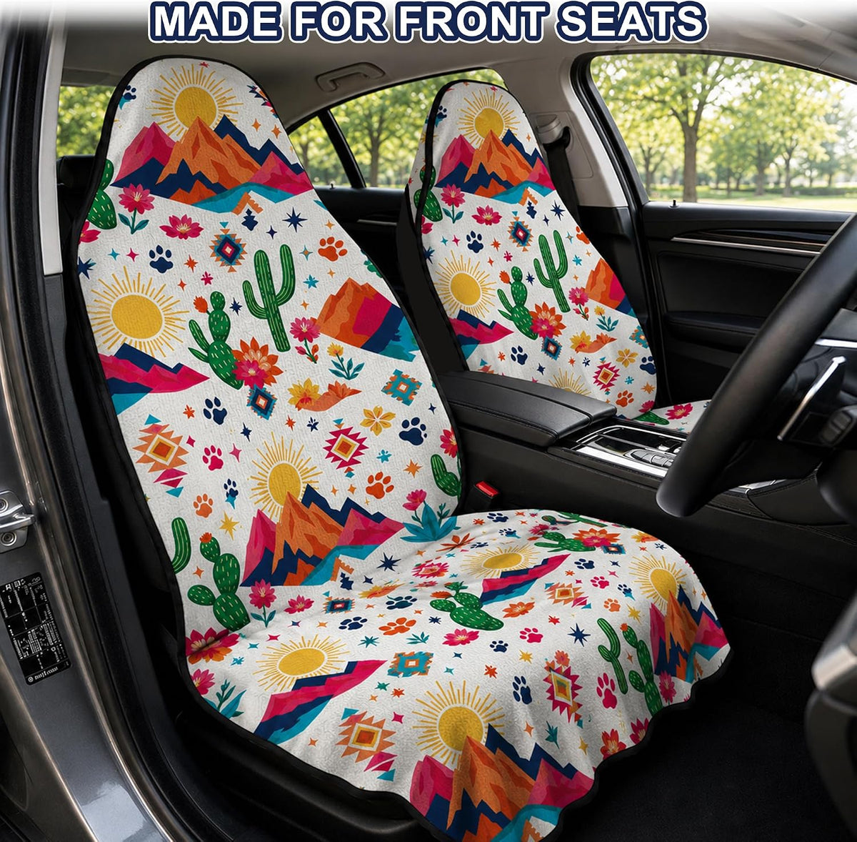 Car Seat Towel Cover 2 Pack for Front Seats, Sweat Absorbent Car Seat Protector with Non-Slip Backing, Waterproof Towel Car Seat Covers for Runners, Gym, Swimming, Beach, Desert Cactus