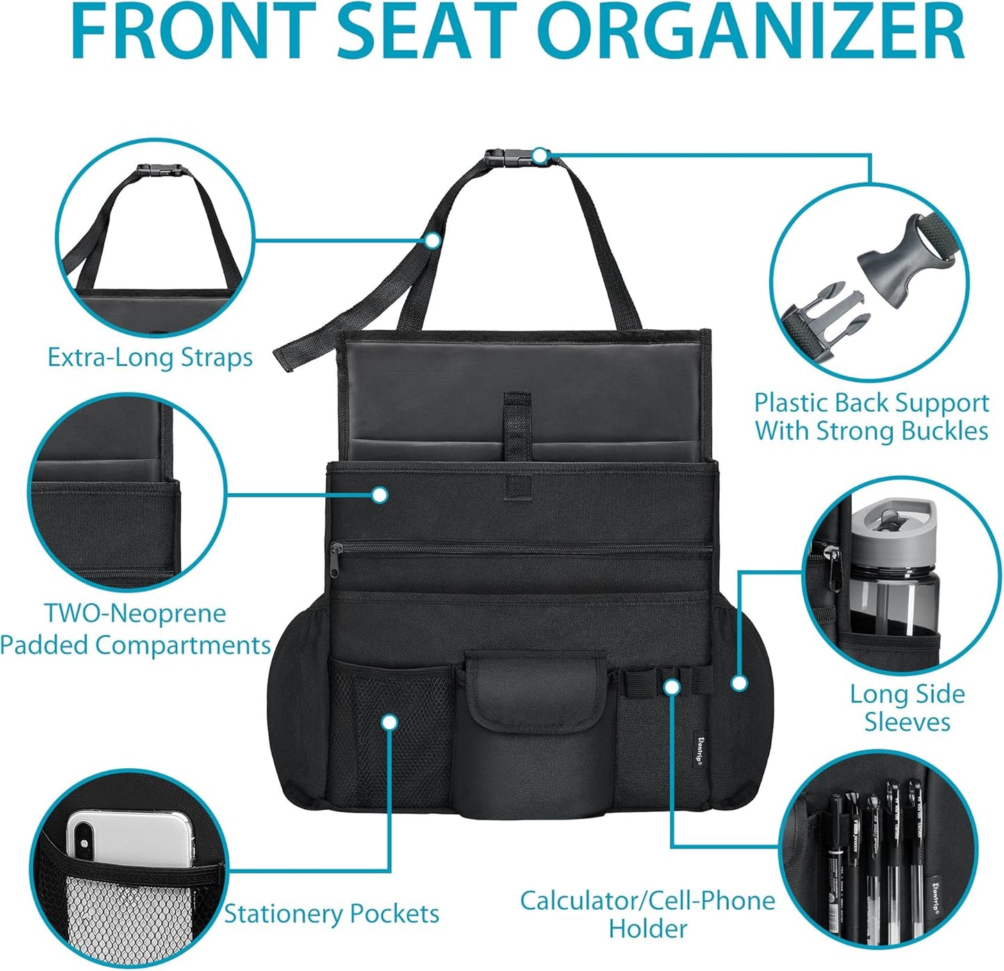 Elantrip Car Front Seat Organizer, Back Seat Storage with Adjustable Straps Truck Seat Organizers for Delivery Drive, Office File, Passenger Seat