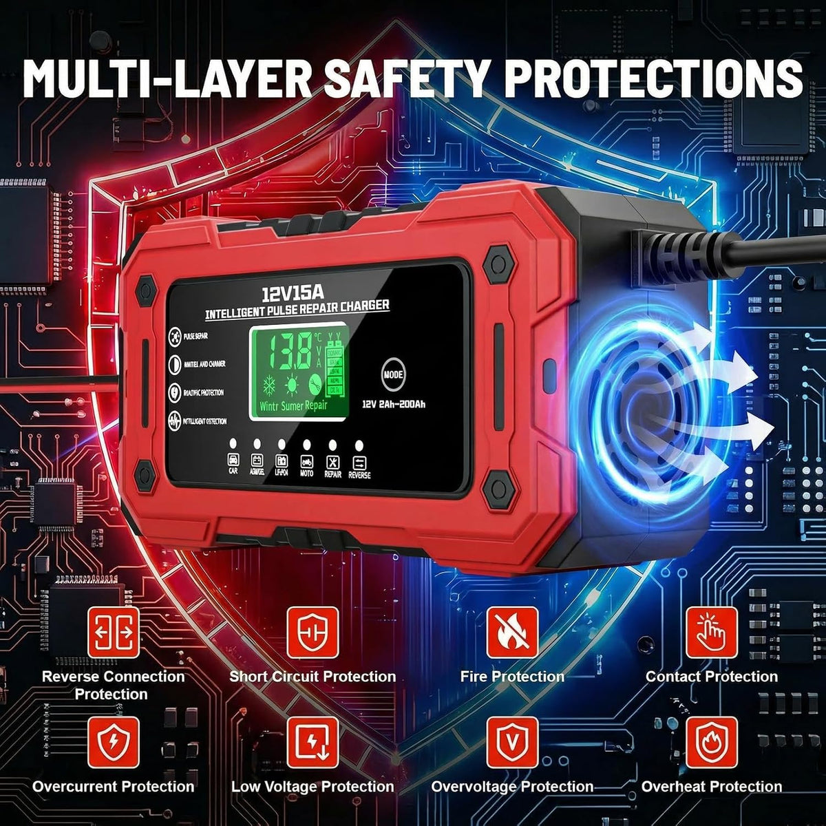 Car Battery Charger 12V 15A Smart Trickle Charger Fully Automatic