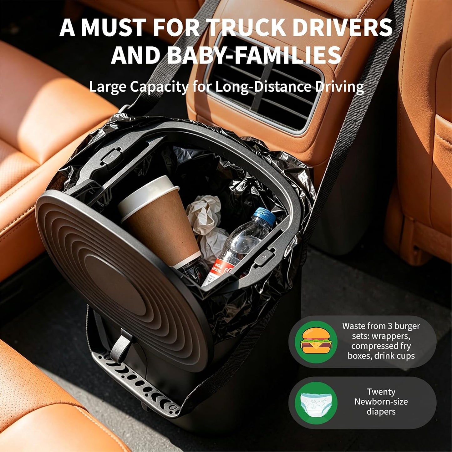 Trash Can for Car Garbage with Lid, Leakproof 100% Silicone Car for Vehicle, Sedan, SUV, Van, MPV &amp; Truck, 2 Gallon Waterproof Auto Waste Bin for Back Seat, Odor-Sealing Vehicle Organizer, Black