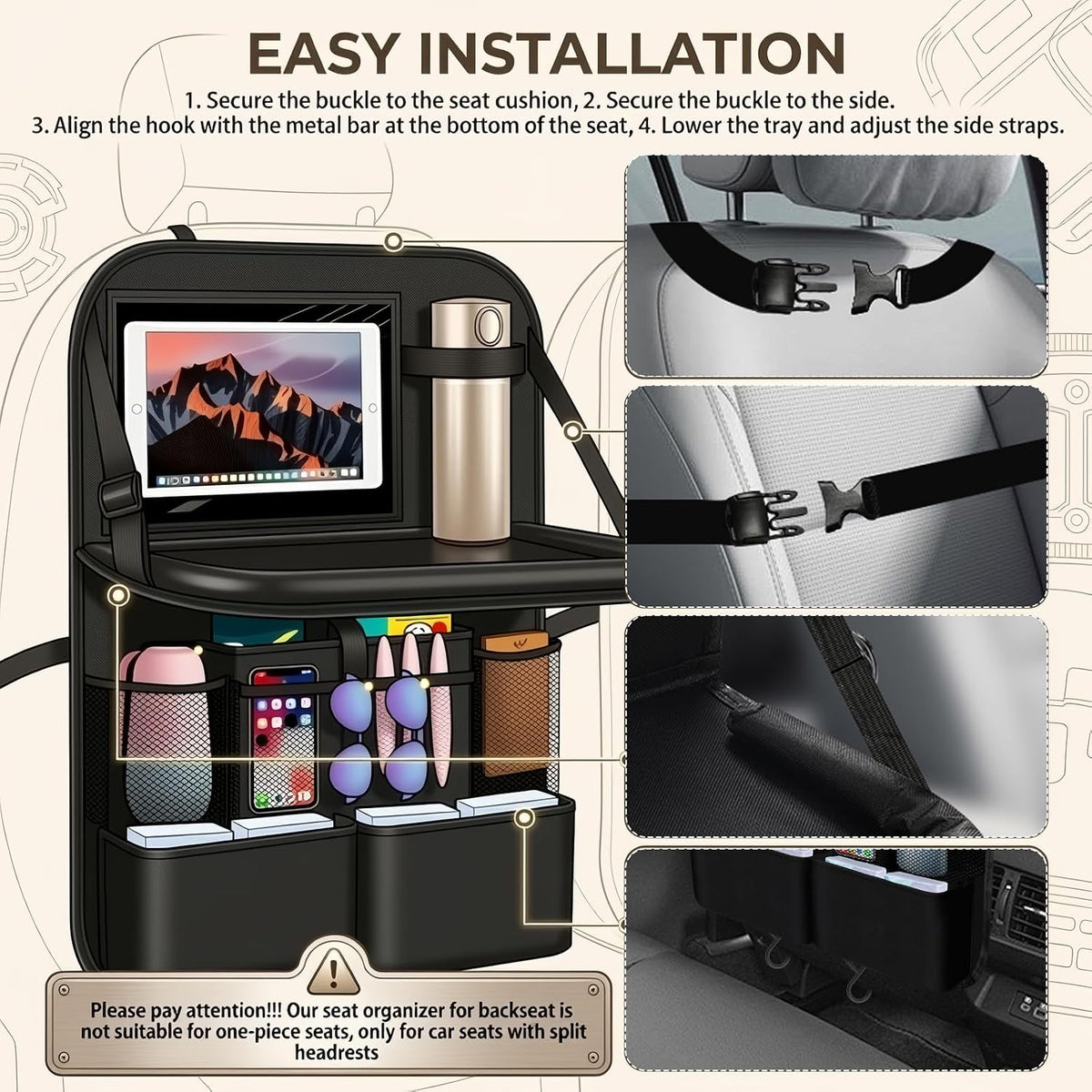 2026 New Backseat Car Organizer,Multifunctional Back Seat Car Organizer with Foldable Table Trays,Hanging Cars Seats Backs Organizers as Kick Mats Back Seat Protector