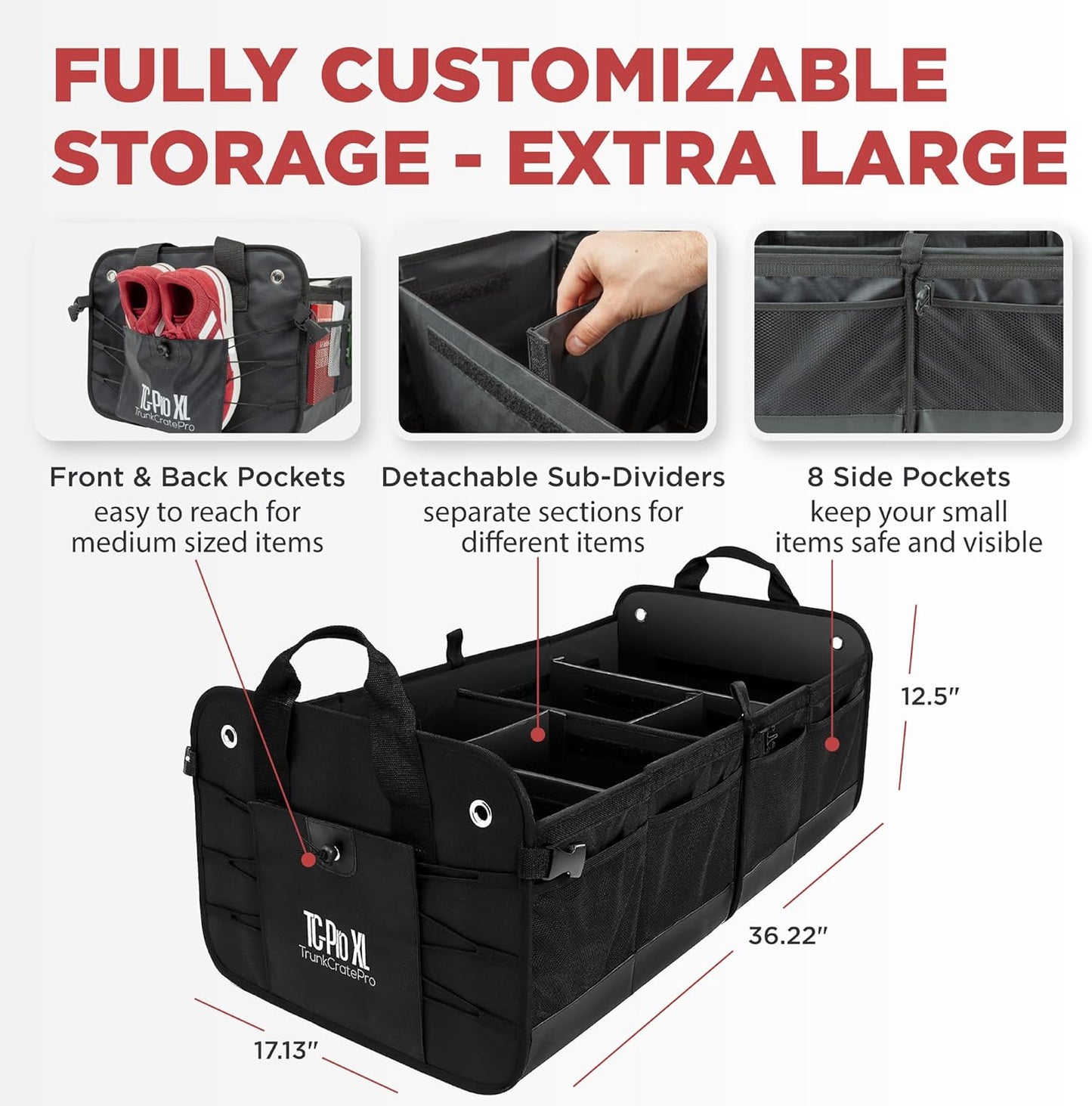 TRUNKCRATEPRO XL Heavy-Duty Trunk Organizer – Reinforced SUV & Truck Cargo Storage with 6 Adjustable Compartments, Non-Slip Base & Securing Straps (Foldable Design, Black)