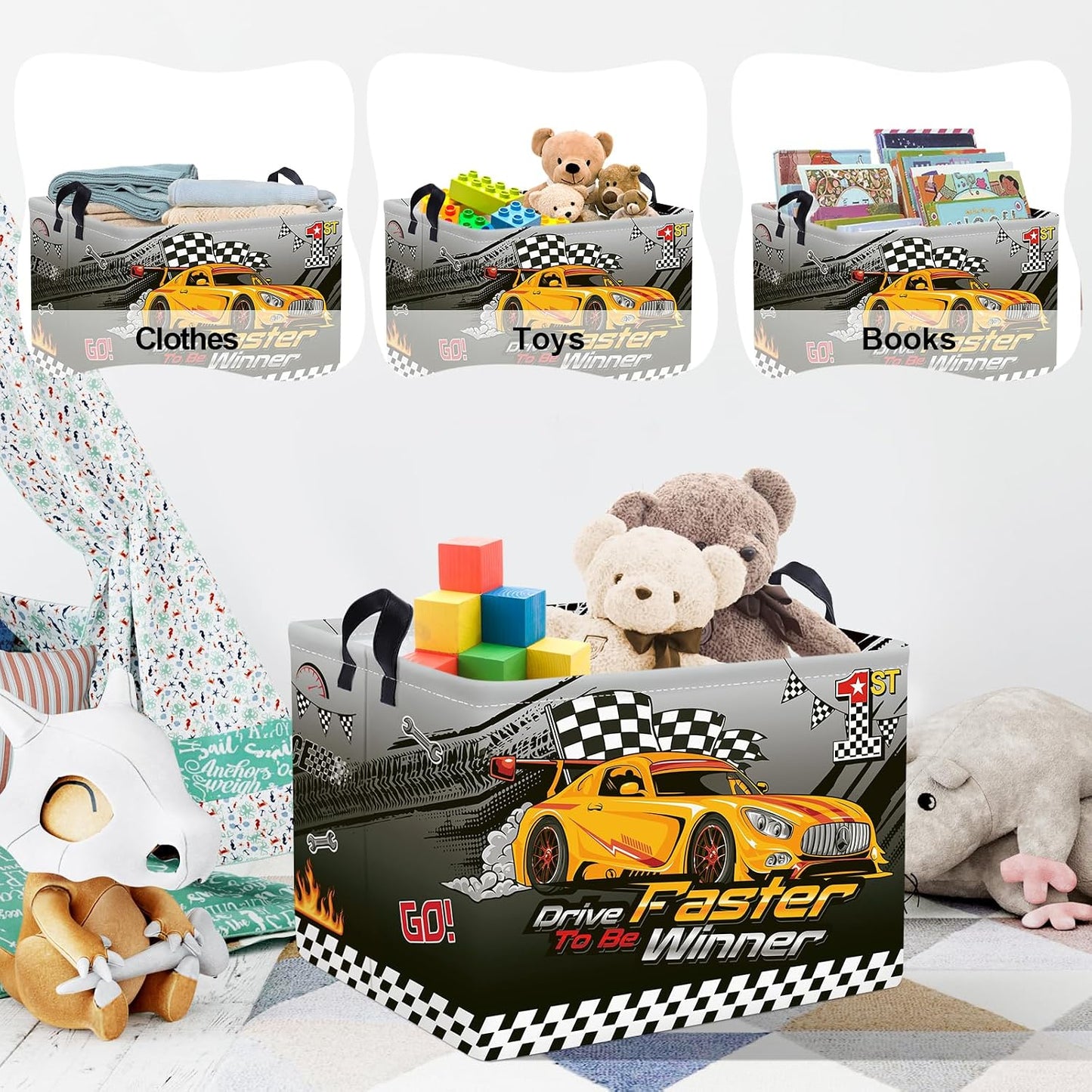 Clastyle Sport 3D Racing Car Boy Room Basket Racing Flag Monster Truck Toy Book Shelf Basket Large Rectangle Collapsible Dirty Clothes Storage Bin, Black, 40 * 30 * 30 cm