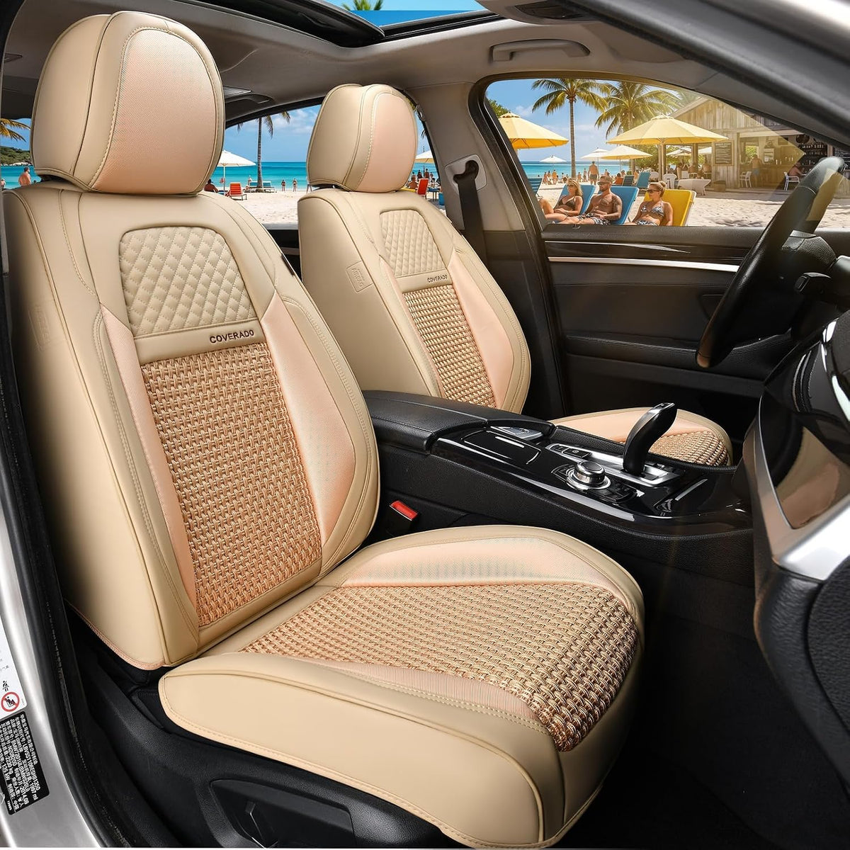 Coverado Car Seat Covers Front Seats, Waterproof Front Seat Covers Nappa Leather Seat Covers for Cars, Breathable Summer Car Seat Cushion Universal Fit for Most Cars SUV Trucks(Front, Beige)