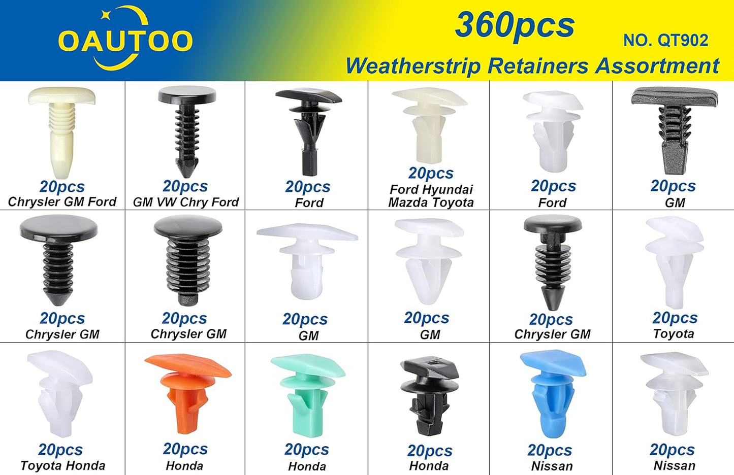 360pcs Weatherstrip Retainer Clips Quick-Select Kit Assortment for Ford GM Chrysler VW Mazda Hyundai Toyota Honda & Nissan