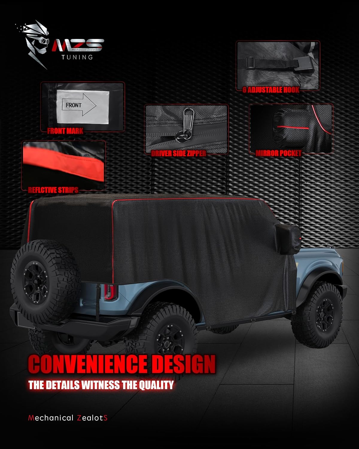 MZS Cab Cover Compatible with Bronco 4 Door 2021-2026, 600D Waterproof Bronco Cover with Driver Door Zipper 8 Gust Hook Car Half Cover Windproof Sun Snow Rain Scratch Protection