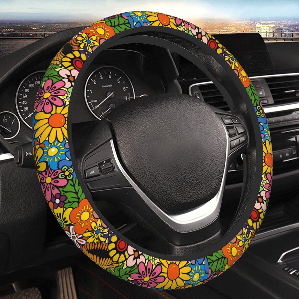 Hippie Flower Neoprene Steering Wheel Cover- 15in Car Accessories