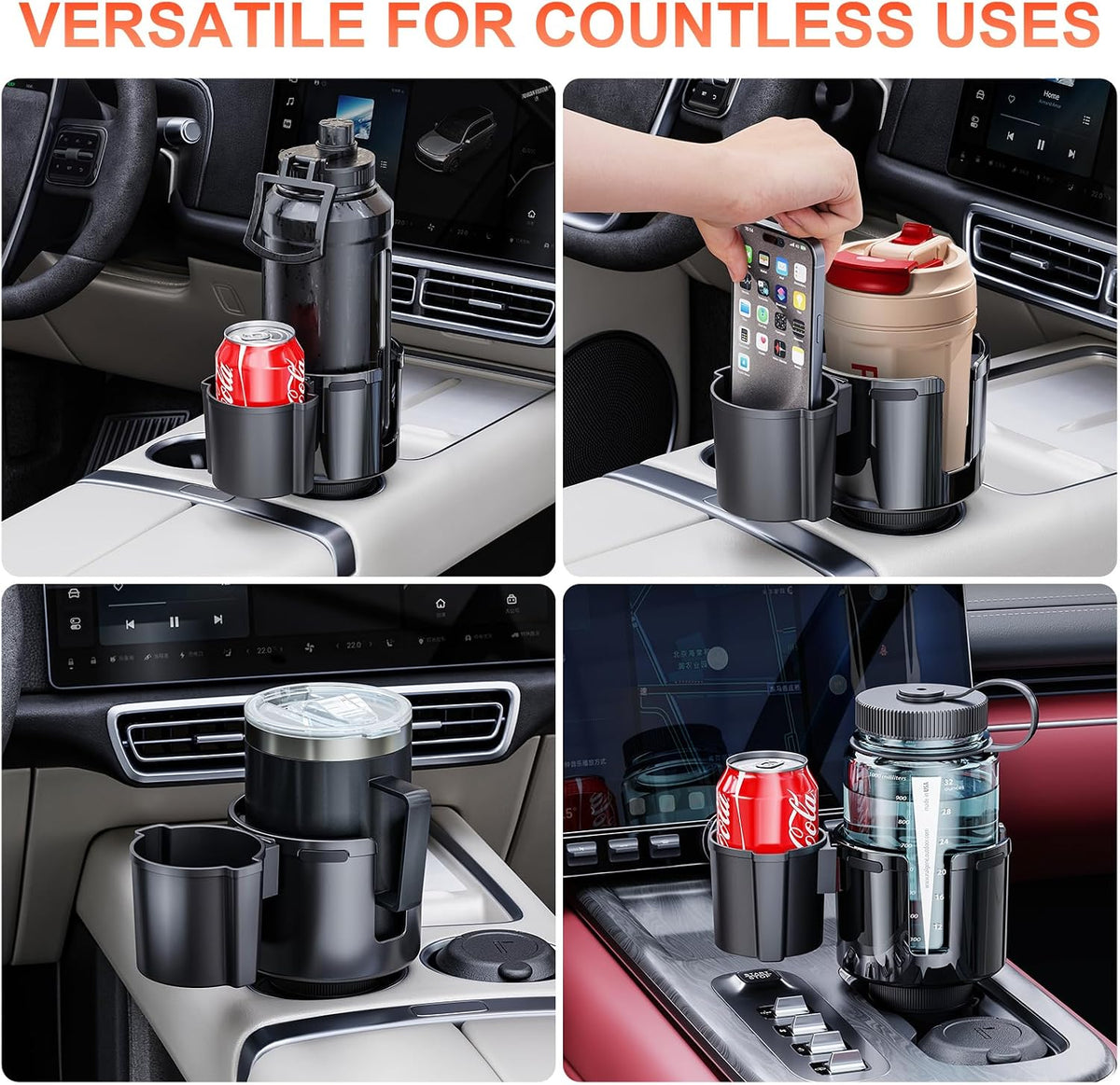 2-in-1 Car Cup Holder Expander, Upgraded Cup Adapter for Car with Offset Option,Phone Holder - Adjustable Base,Versatile Car Accessories Fits Yeti,Hydroflask & Large Water Bottles in 2.2"-4.2" (Black)