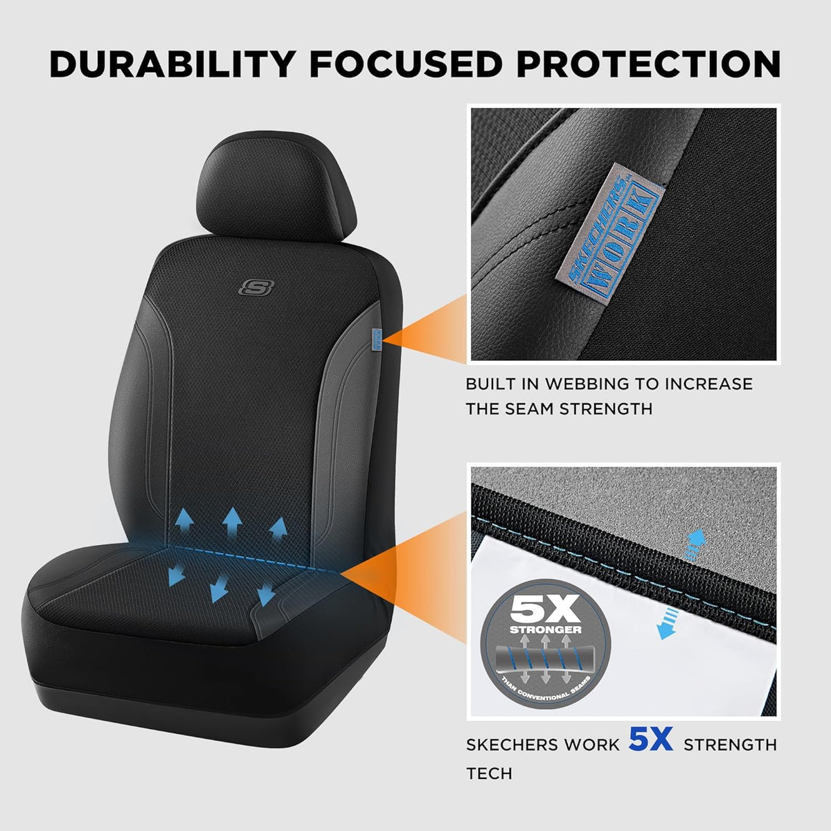Skechers Seat Covers, Work Leather Car Seat Covers 5-Times Stronger Built-in Webbing, Oxford Fabric Front Seat Cover, Airbag Compatible, Automotive Comfort for Cars, Trucks, SUVs,Black