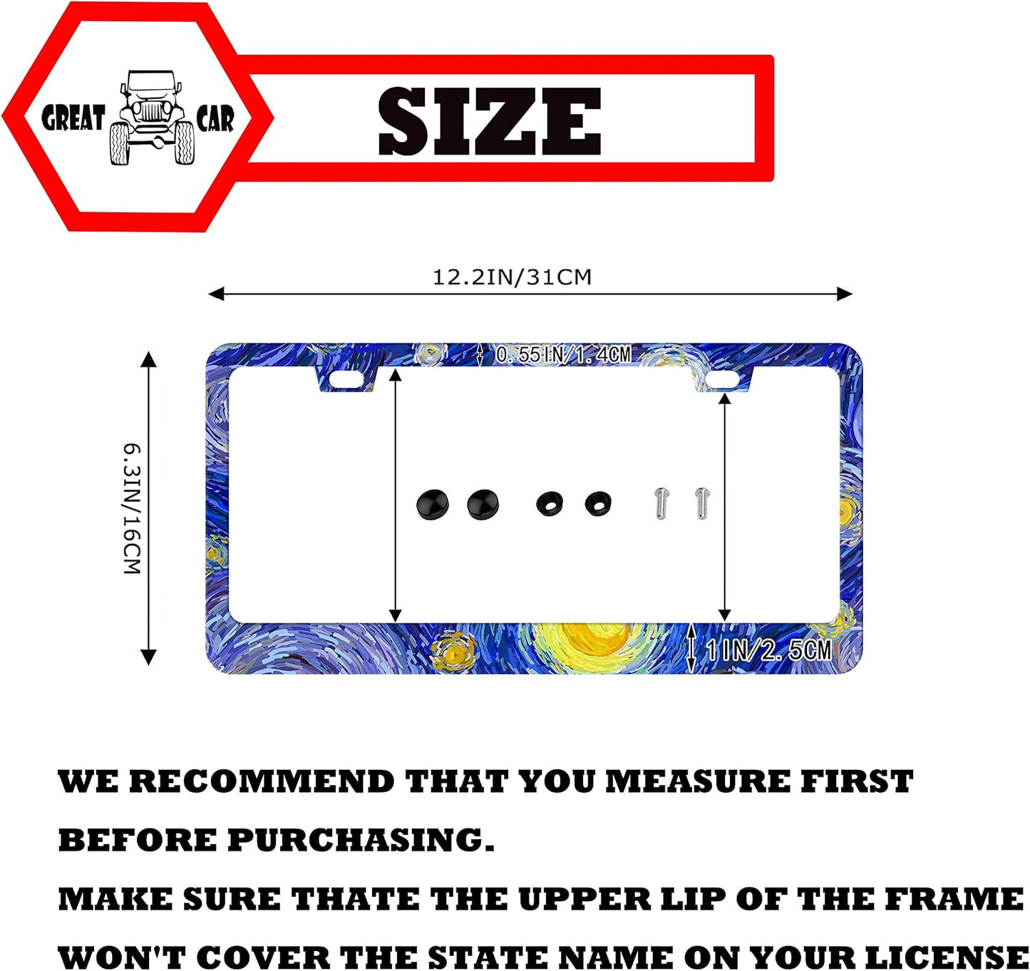 Starry Night License Plate Frame Print Auto Tag Frames Art Oil Painting License Plates Holder 2 Holes Decorative Car Plates Cover Blue for Men Women